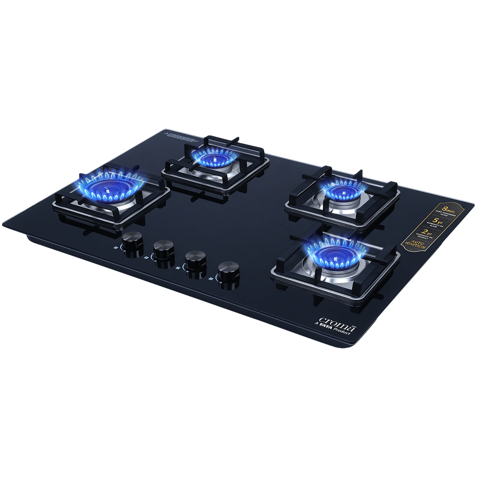 Croma Toughened Glass Top 4 Burner Automatic Hob (Double Drip Tray, Black)