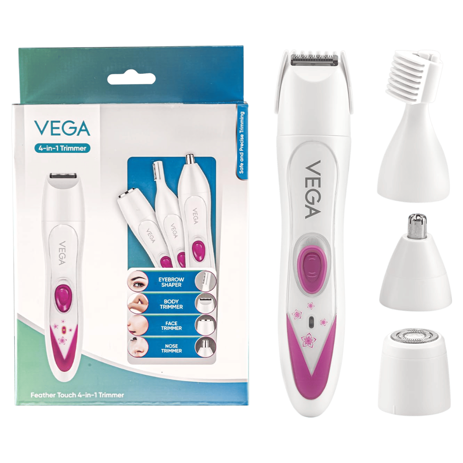 VEGA Feather Touch Rechargeable Cordless 4-in-1 Dry Trimmer for Body, Eyebrow, Nose & Face for Women (60mins Runtime, Washable Blade, White)