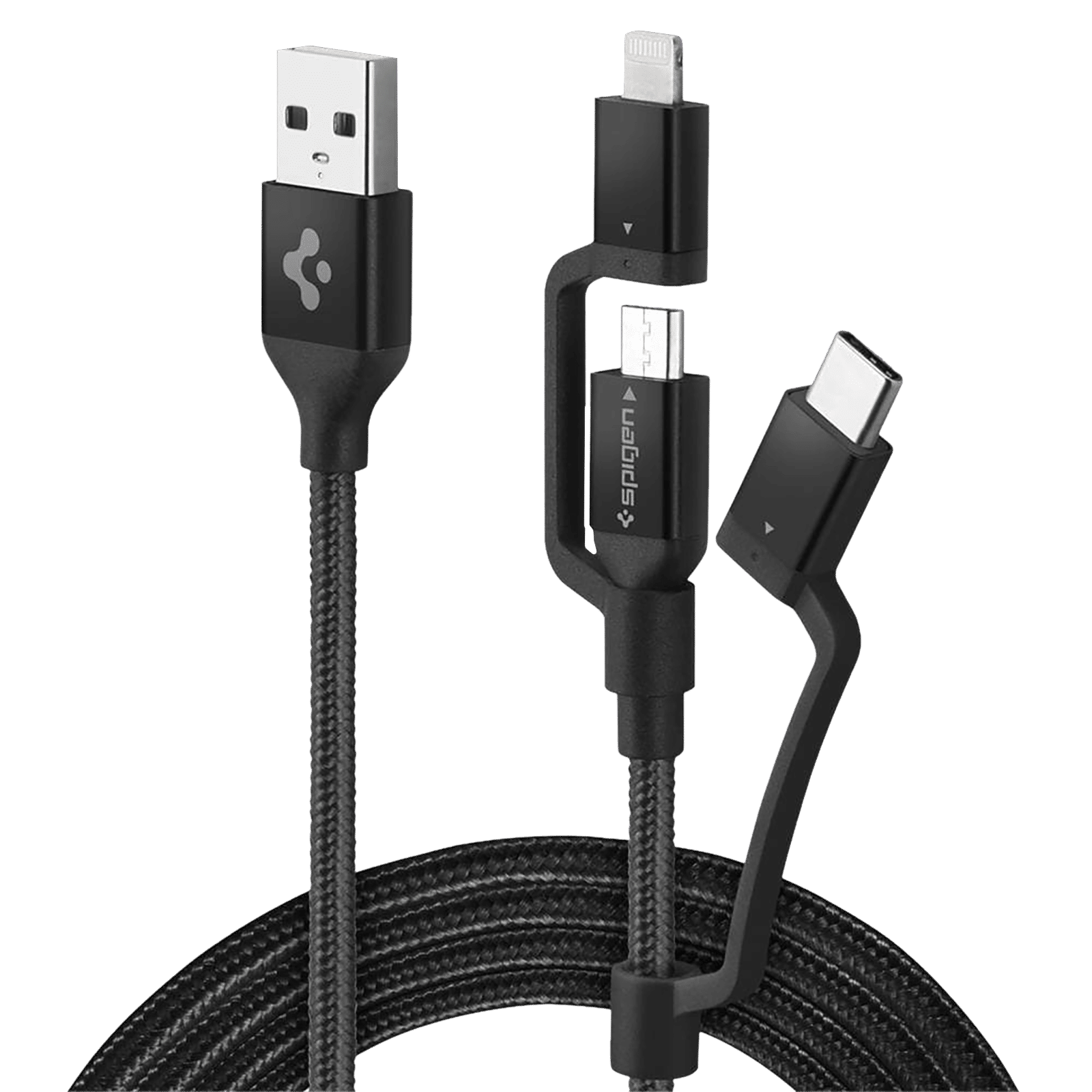 spigen Dura Sync Type A to Type C, Micro USB, Lightning 2.9 Feet (0.9M) 3-in1 Cable (Nylon Braided, Black)