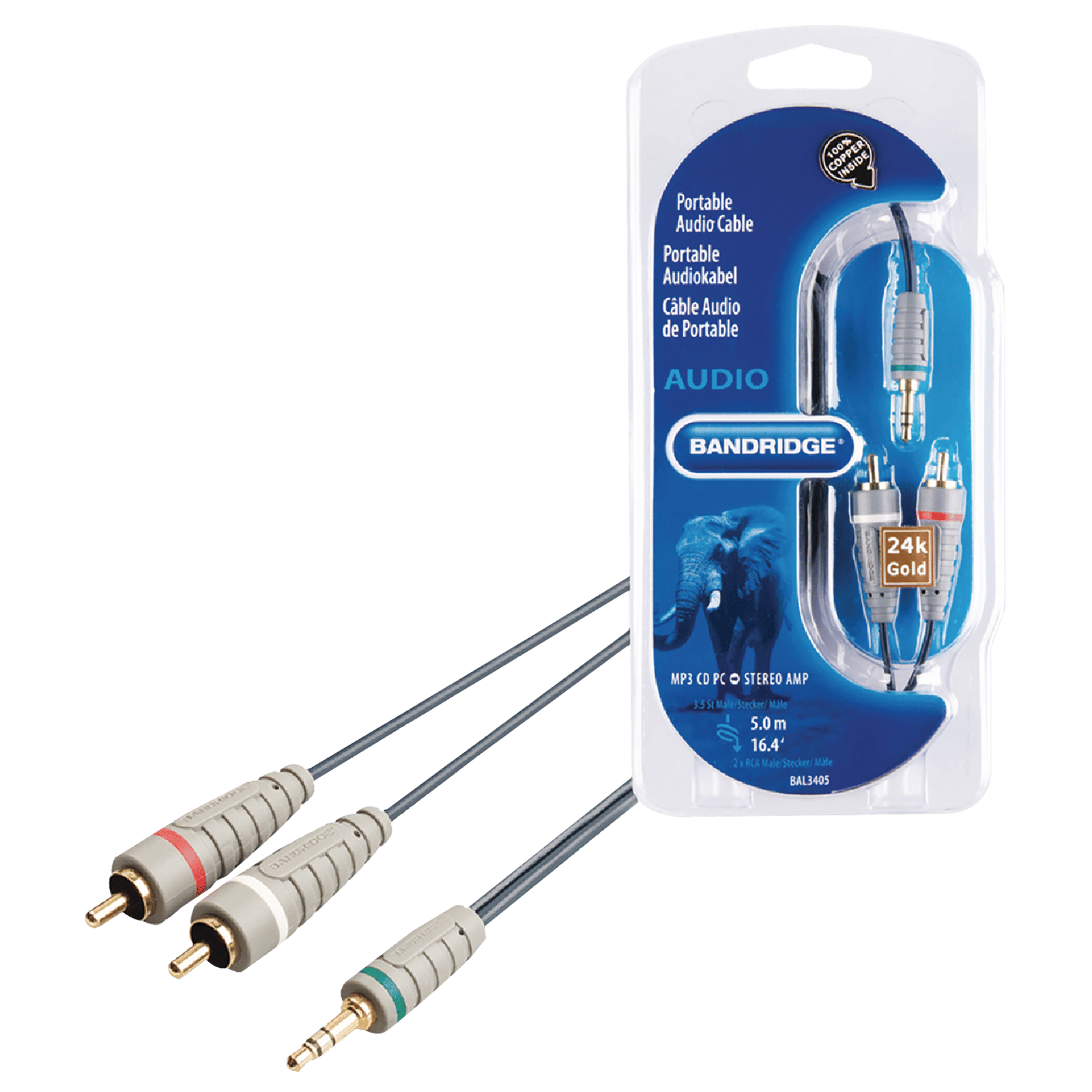 Bandridge BAL3405 PVC 5 Meter 3.5mm Stereo to RCA Audio Cable (24K Gold Plated, Blue)