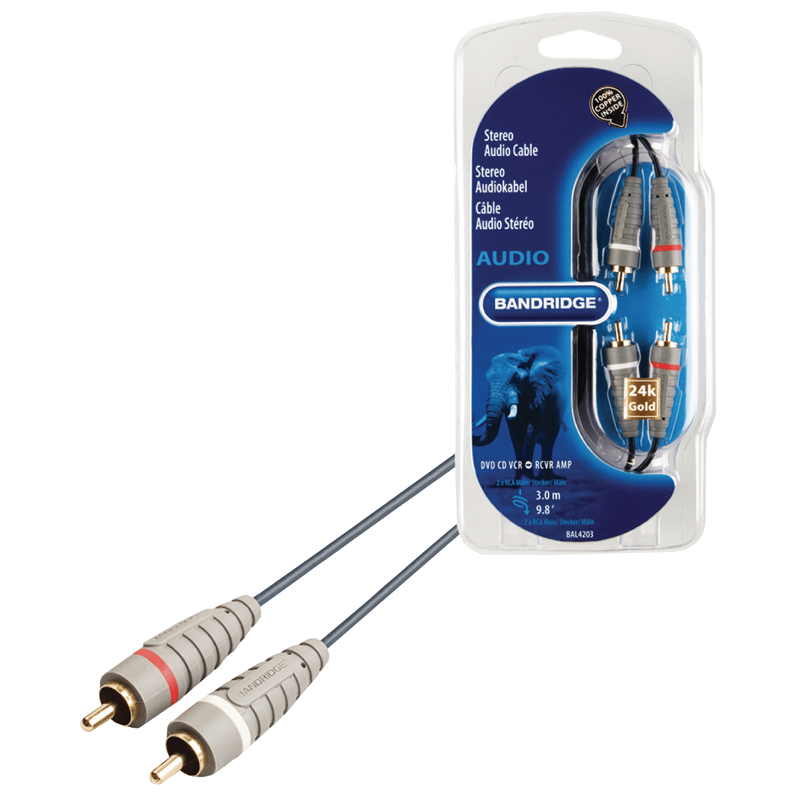 Bandridge BAL4203 PVC 3 Meter RCA to RCA Audio Cable (24K Gold Plated, Blue)