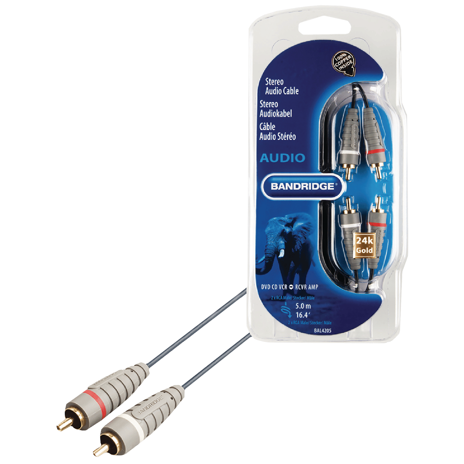 Bandridge BAL4205 PVC 5 Meter RCA to RCA Audio Cable (24K Gold Plated, Blue)