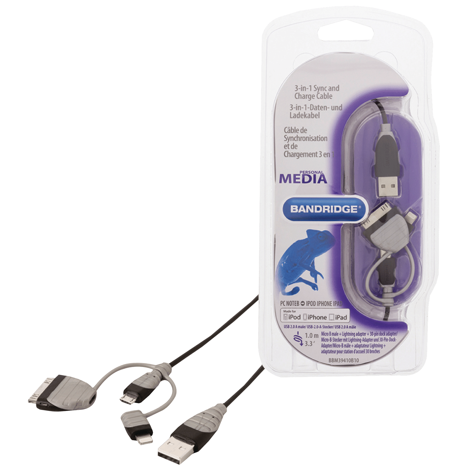 Bandridge BBM39410B10 Type A to Lightning, Micro USB 3.2 Feet (1M) 3-in1 Cable (Sync and Charging, Black)