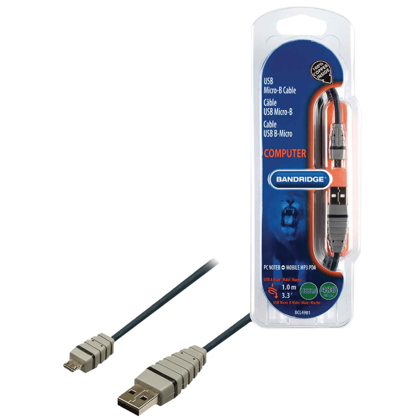 Bandridge BCL4901 PVC 1 Meter USB 2.0 (Type-A) to Micro USB 2.0 (Type-B) Power/Charging USB Cable (Copper Inside, Blue)