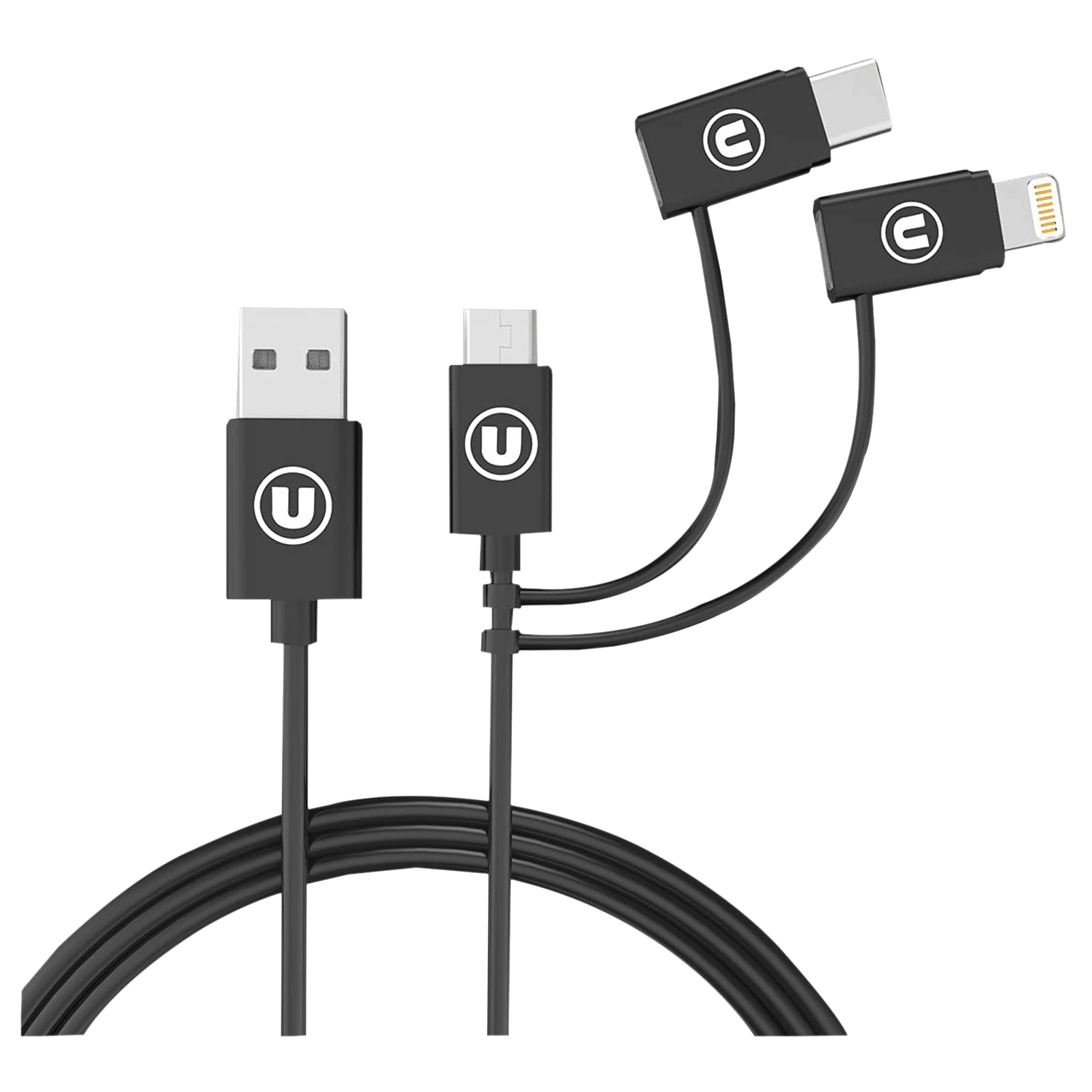 Bandridge U Series Type A to Type C, Micro USB, Lightning 3.2 Feet (1M) 3-in1 Cable (Tangle Free, Black)