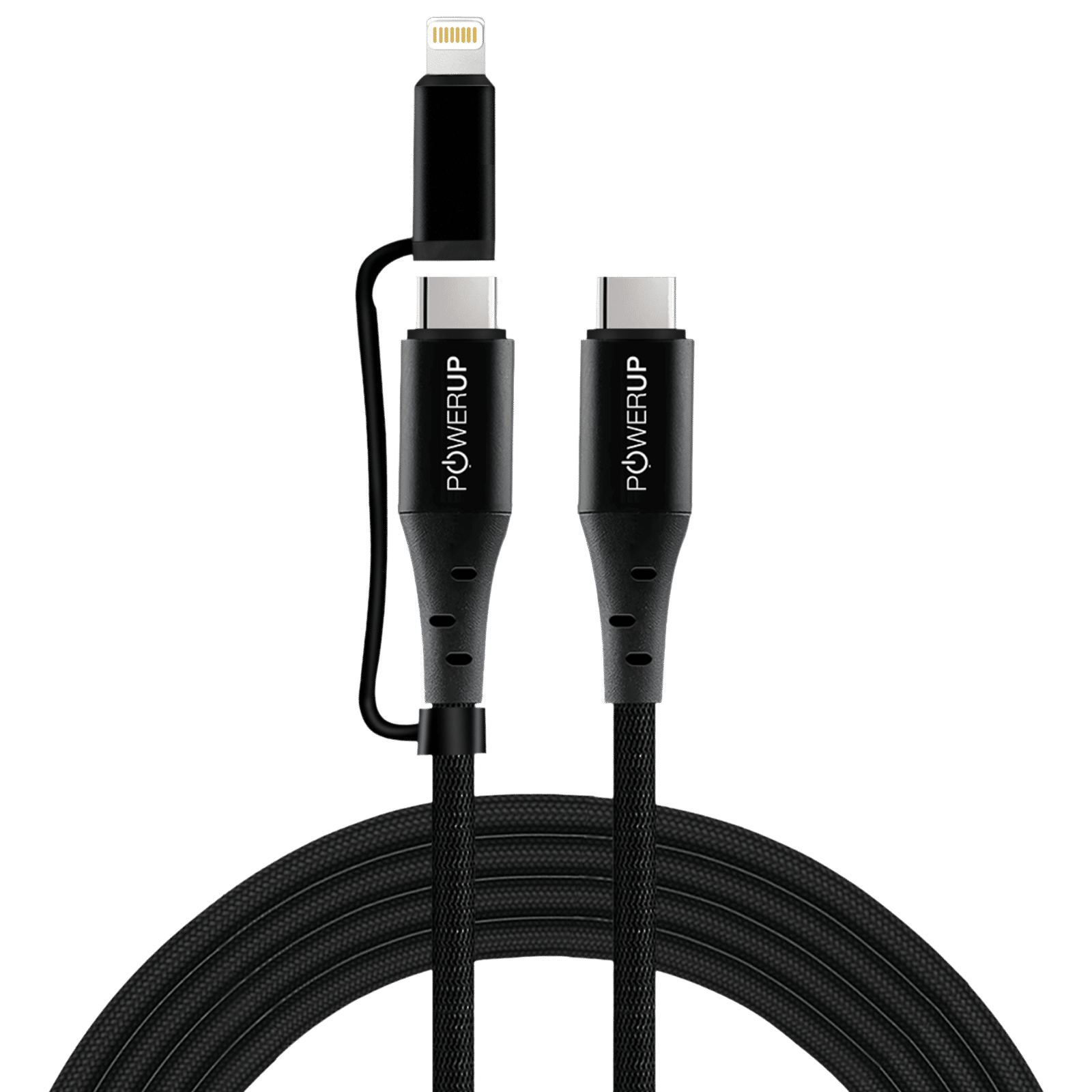 POWERUP Type C to Type C, Lightning 5 Feet (1.5M) 2-in-1 Cable (Tangle-free Design, Black)