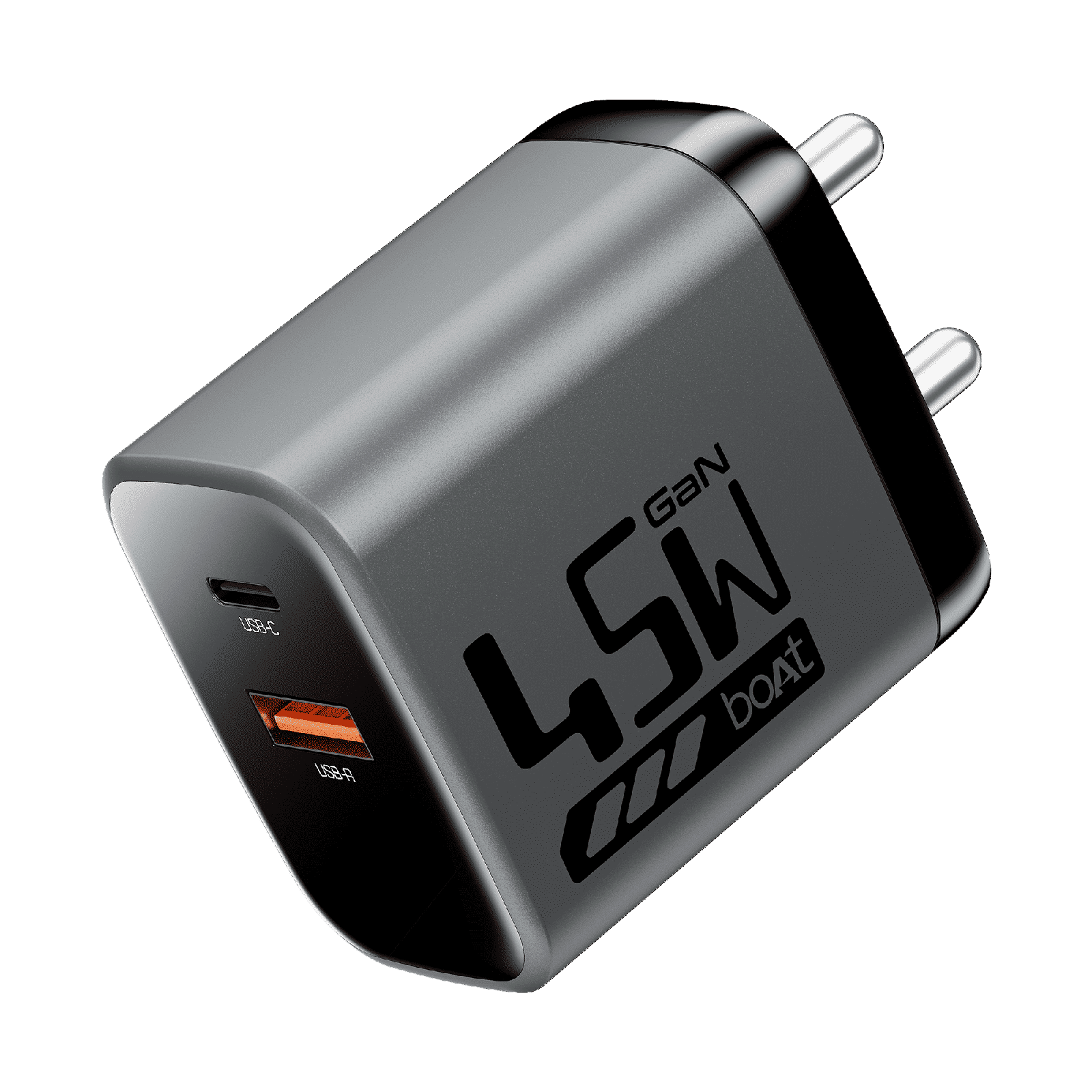 boAt 45W Type A & Type C 2-Port Fast Charger (Adapter Only, 12-Layer Smart IC Protection, Ash Grey)