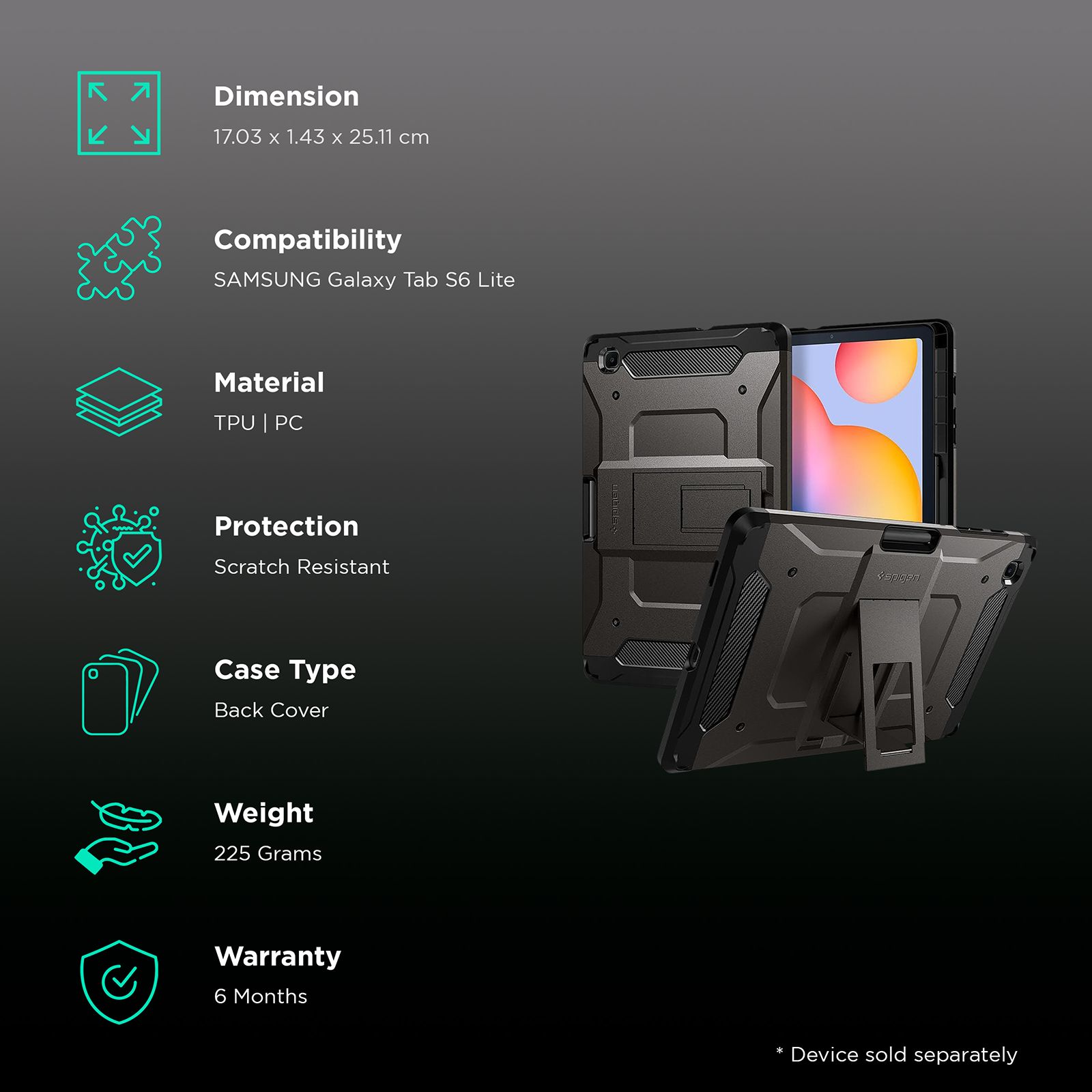 spigen Tough Armor Pro TPU PC Back Case with Stand for SAMSUNG Galaxy Tab  S6 Lite with S Pen Holder (Comfortable Angle, Gunmetal)