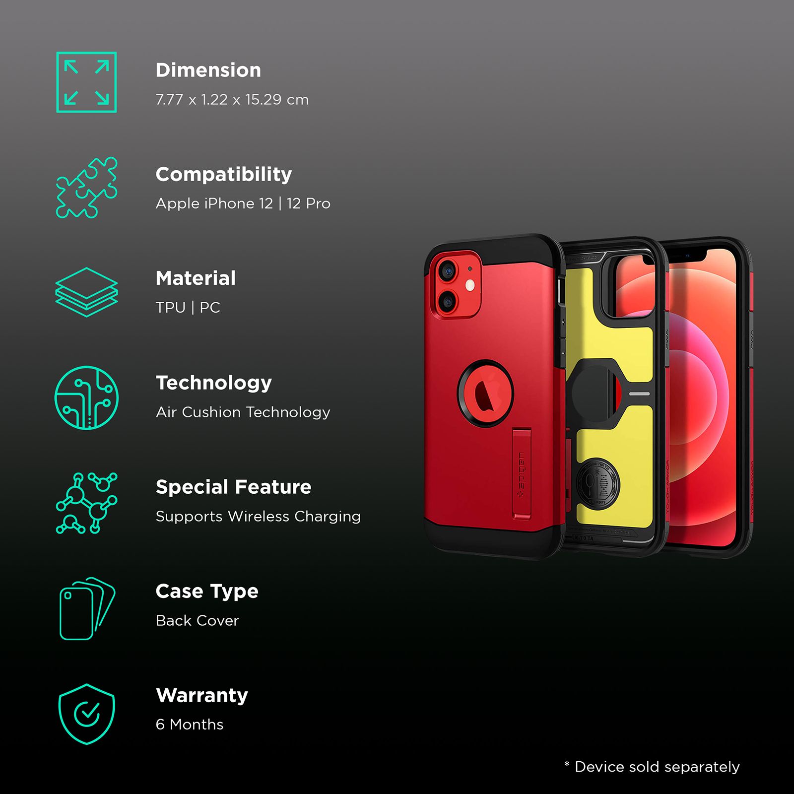 spigen Tough Armor TPU Polycarbonate Back Case with Stand for Apple  iPhone 12, 12 Pro (Wireless Charging Compatible, Red)