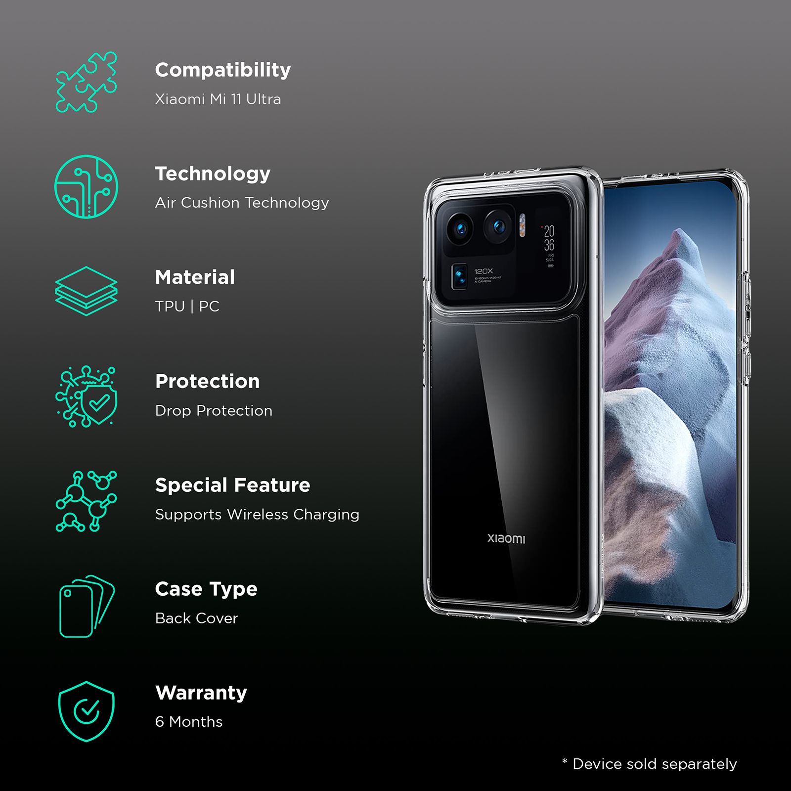 spigen Ultra Hybrid TPU Polycarbonate Back Cover for Xiaomi Mi 11 Ultra  (Wireless Charging Compatible?, Crystal Clear)