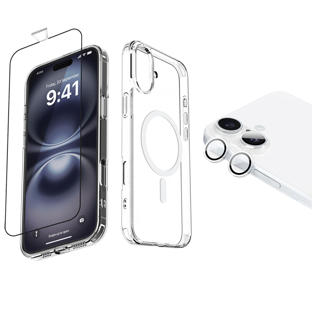 Dr. Vaku Tempered Glass, TPU Back Cover & Camera Lens Protector Combo for Apple iPhone 16 Plus (Supports Wireless Charging, Transparent)