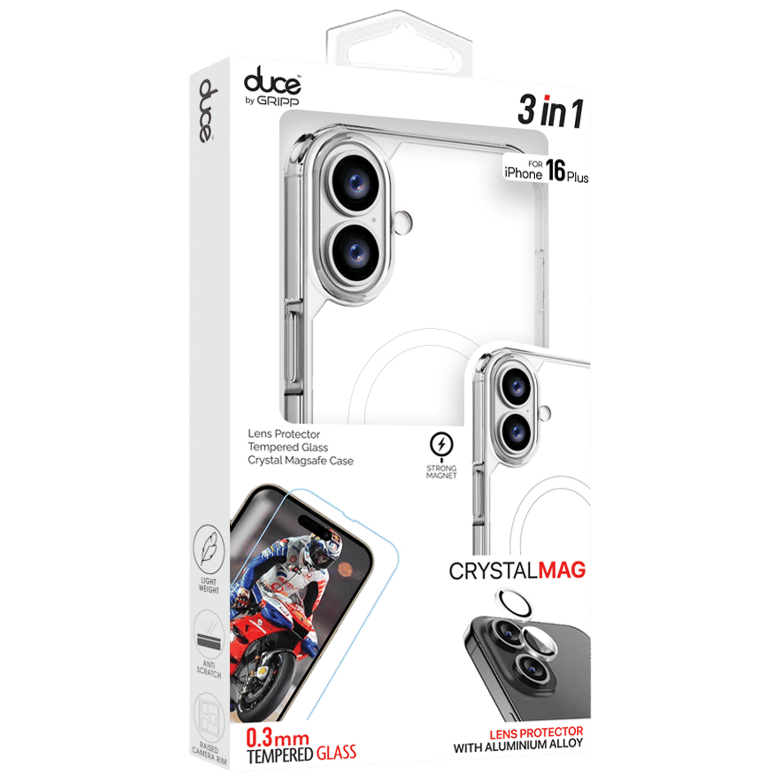 GRIPP Duce TPU Plus PC MagSafe Case, Tempered Glass and Camera Lens Protector Combo for Apple iPhone 16 Plus (Supports Wireless Charging, Clear)