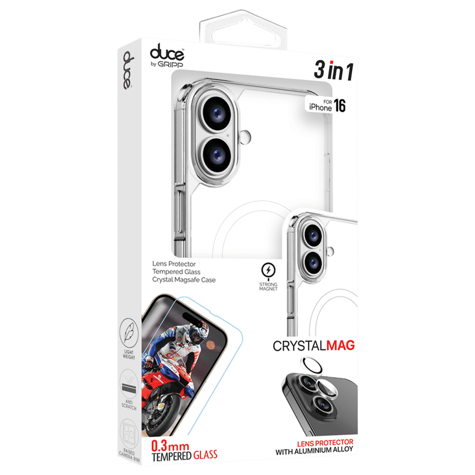 GRIPP Duce TPU Plus PC MagSafe Case, Tempered Glass and Camera Lens Protector Combo for Apple iPhone 16 (Supports Wireless Charging, Clear)