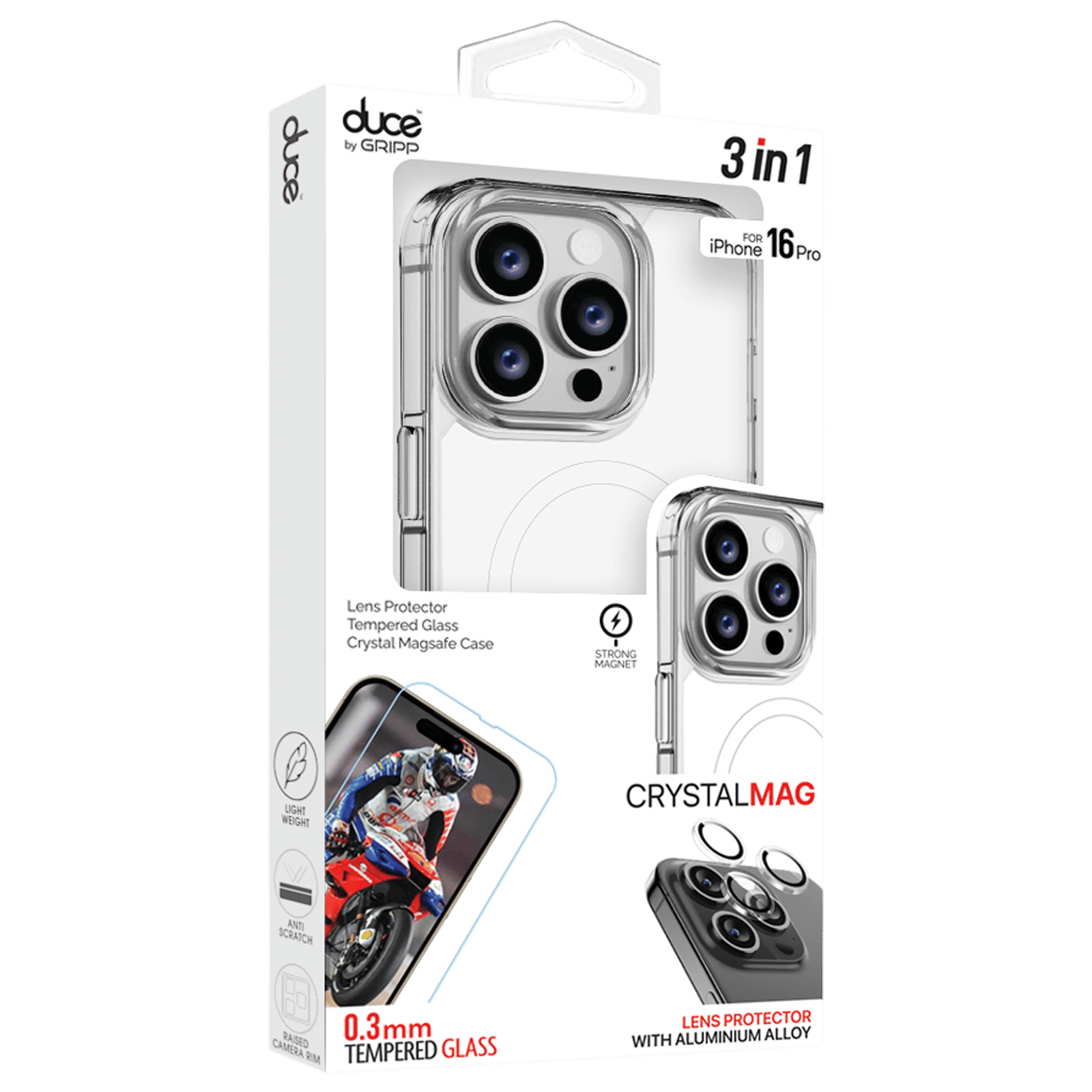 GRIPP Duce TPU Plus PC MagSafe Case, Tempered Glass and Camera Lens Protector Combo for Apple iPhone 16 Pro (Supports Wireless Charging, Clear)