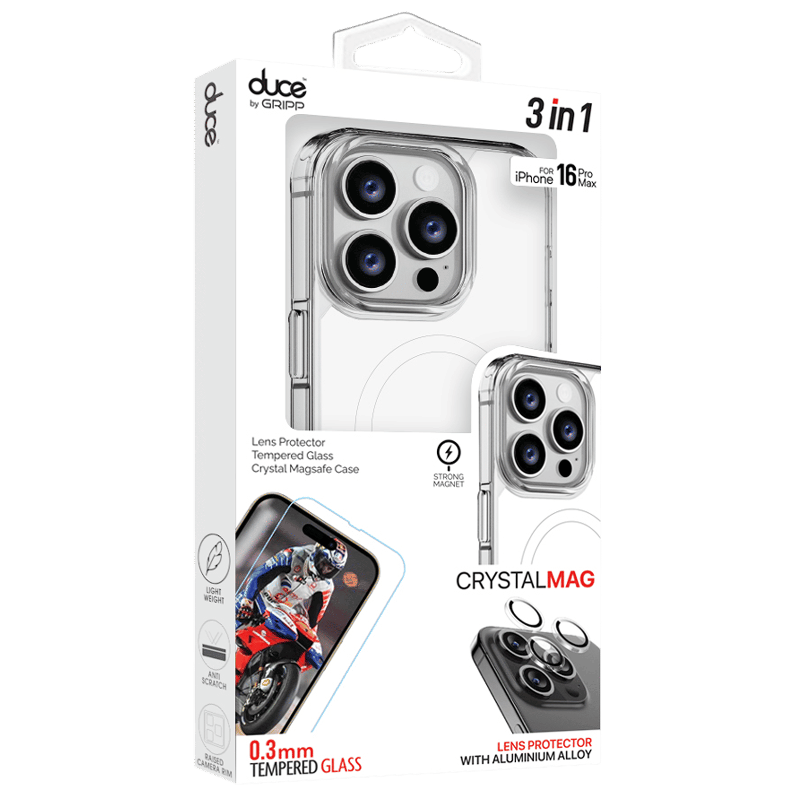 GRIPP Duce TPU Plus PC MagSafe Case, Tempered Glass and Camera Lens Protector Combo for Apple iPhone 16 Pro Max (Supports Wireless Charging, Clear)