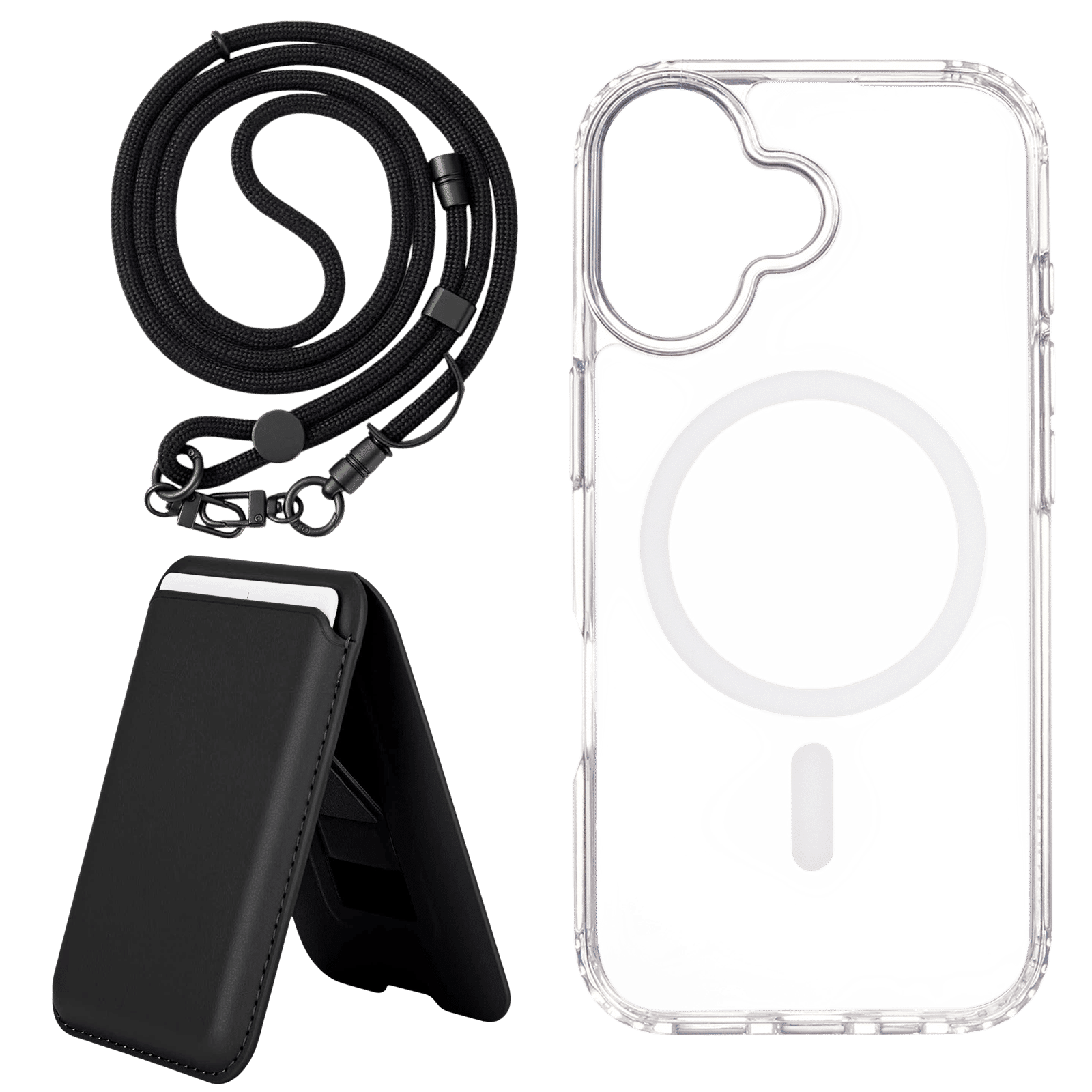 Croma TPU Back Cover, Lanyard & Card Holder Combo for Apple iPhone 17 (Magsafe Charging Compatible, Clear)