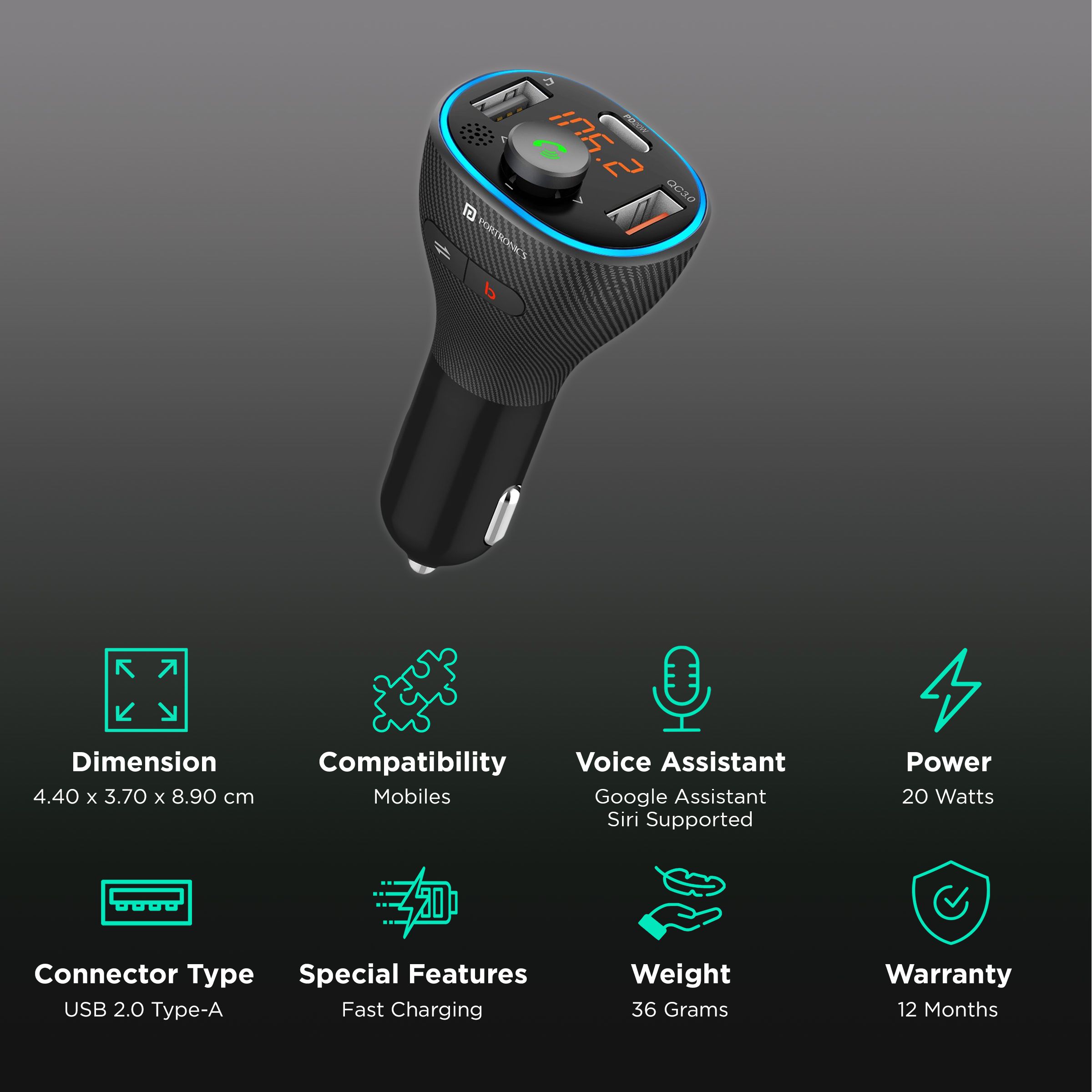 Buy Portronics Auto 15 20W Type A Type C 3-Port Fast Car Charger