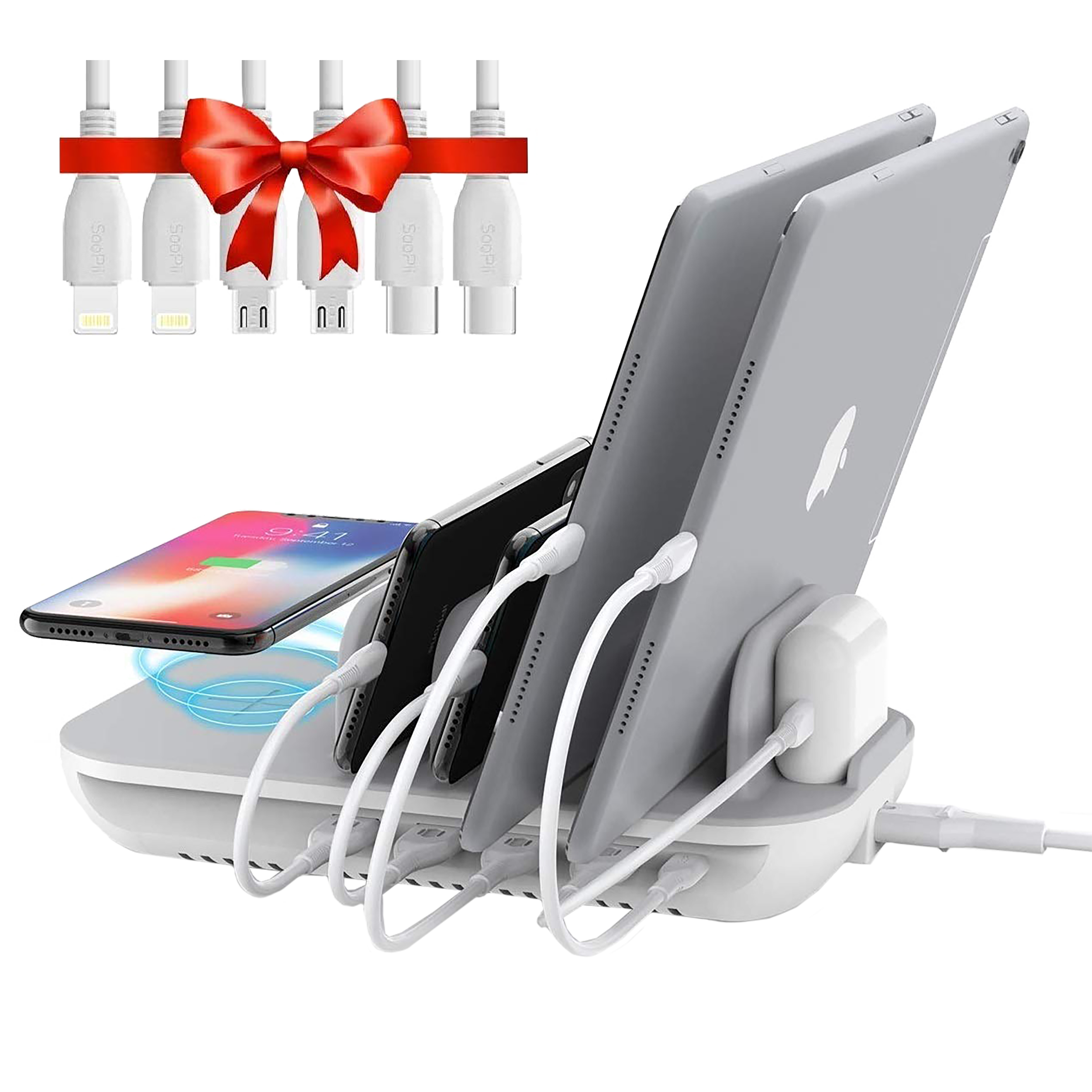 Soopii 60W 6-in-1 Wireless Charging Dock for iPhone XS, Max XS, XR, X, 8, 8 Plus/Google Pixel 3, 3XL, 2, 2XL/Samsung Galaxy Note 9, Note 8, S9, S9 Plus, S8, S8 Plus, S7, Nexus 5X 6P, Earbuds (Qi Charging, White/Grey)