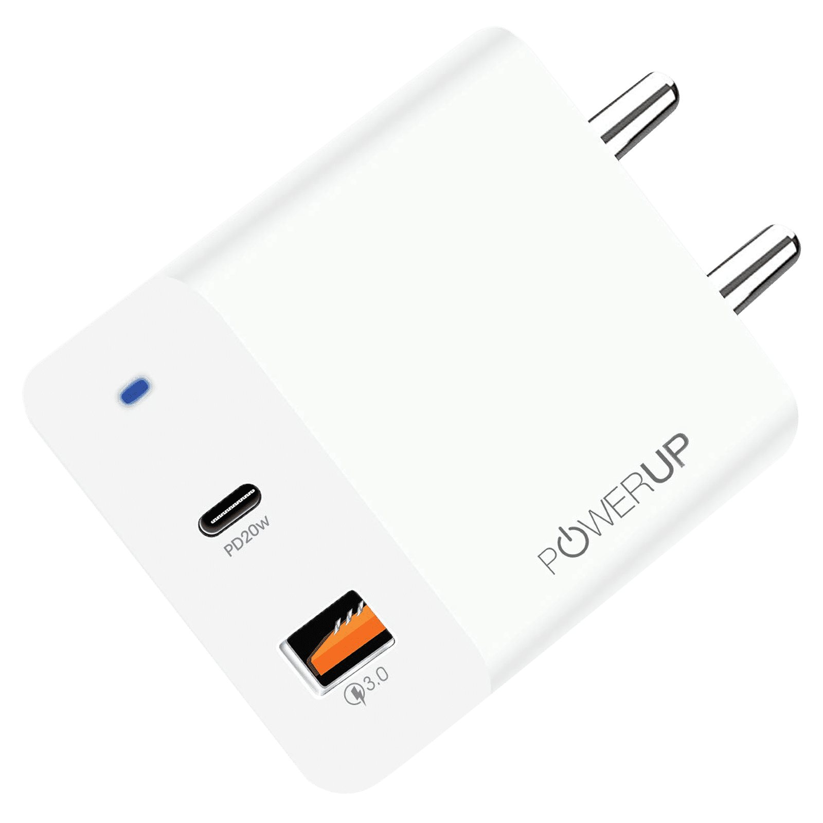 POWERUP 20W Type A & Type C 2-Port Fast Charger (Adapter Only, Multiple Safety Protection, White)