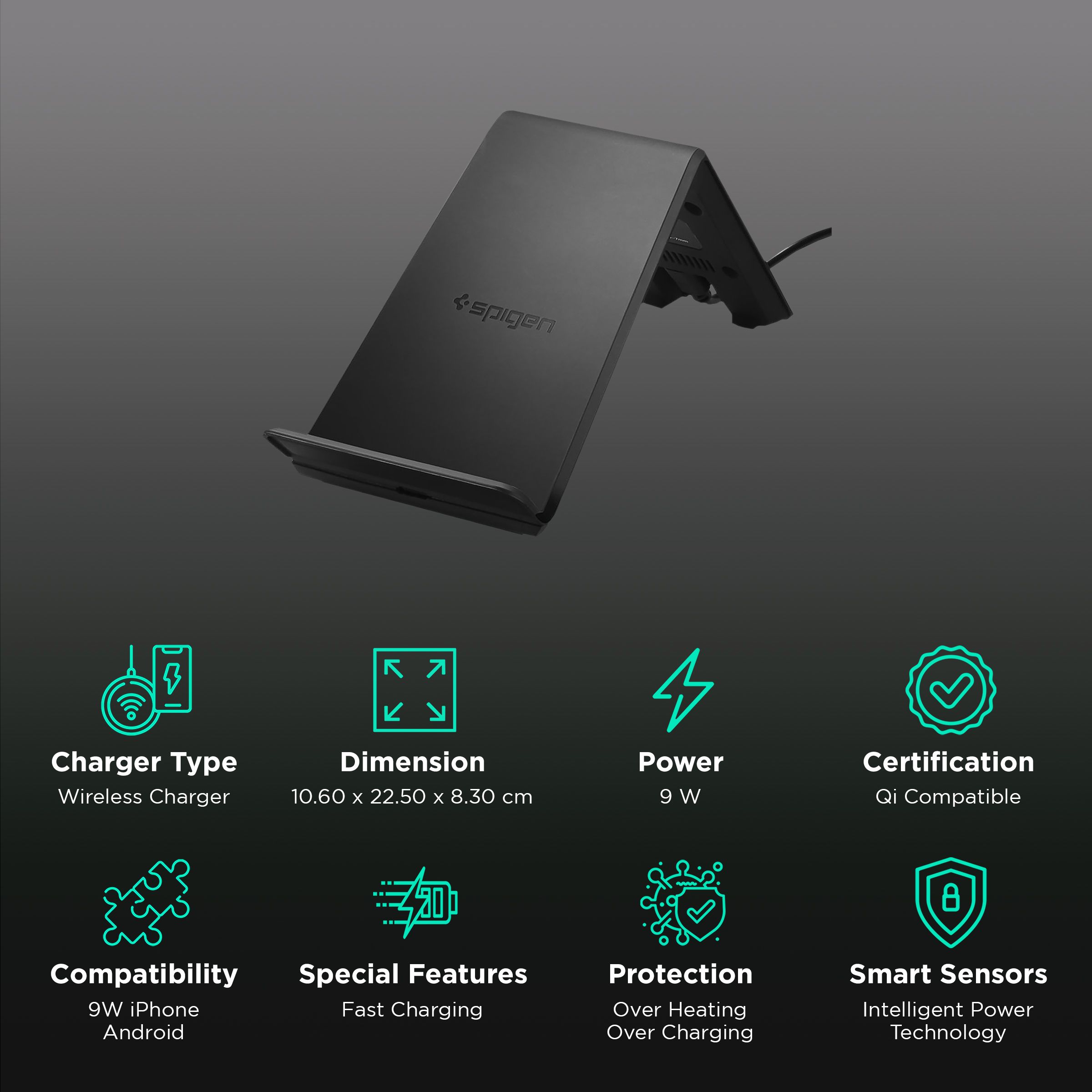 Spigen F303W 9W Wireless Charger for iPhone X, 8, Plus/ SAMSUNG Galaxy  S9, S9 Plus, Note 8, S8, S8 Plus, S7 Edge, S7, S6 Edge Plus, Note (Qi