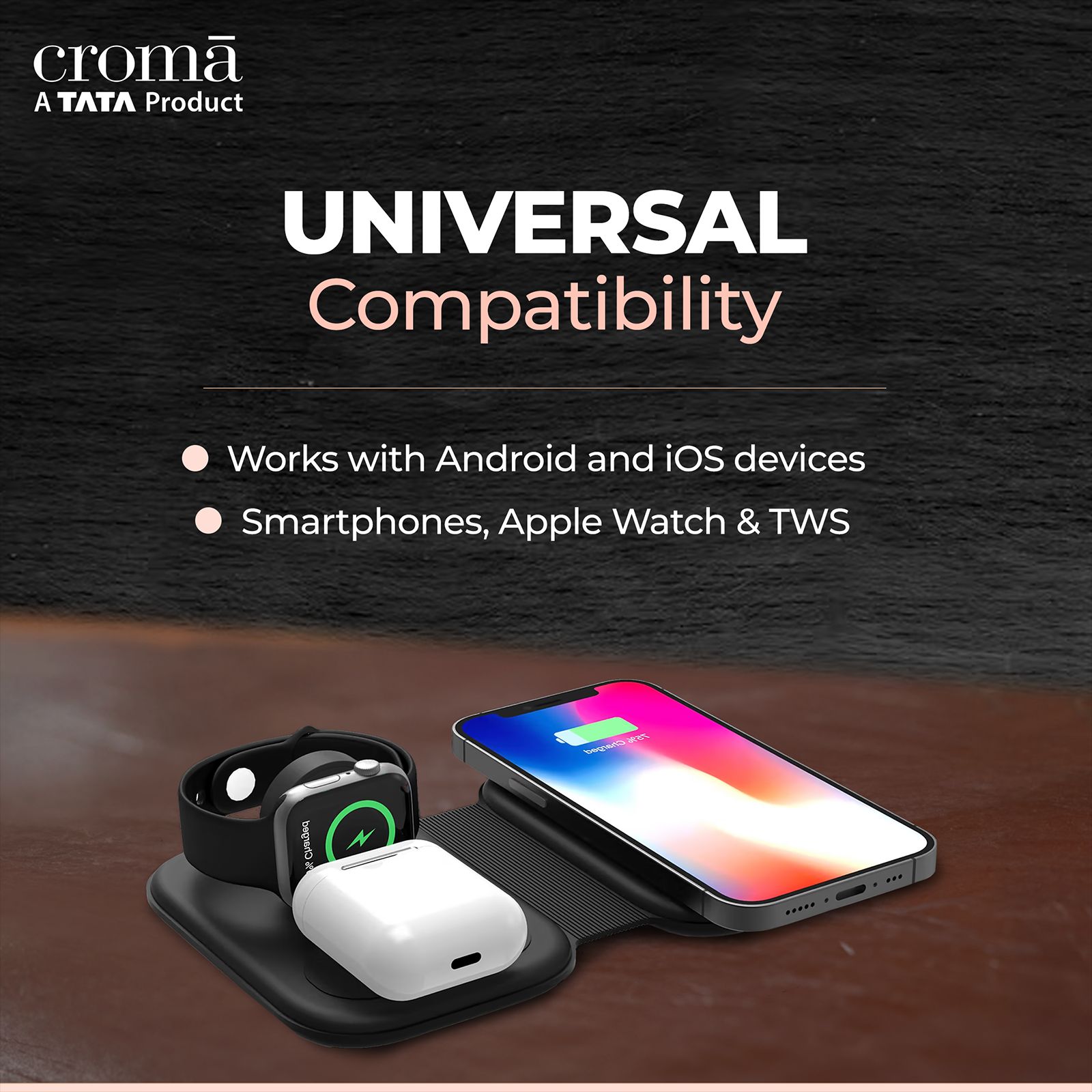 Buy Croma 15W 3-in-1 Wireless Charger for iPhone 14, 14 Pro, 15