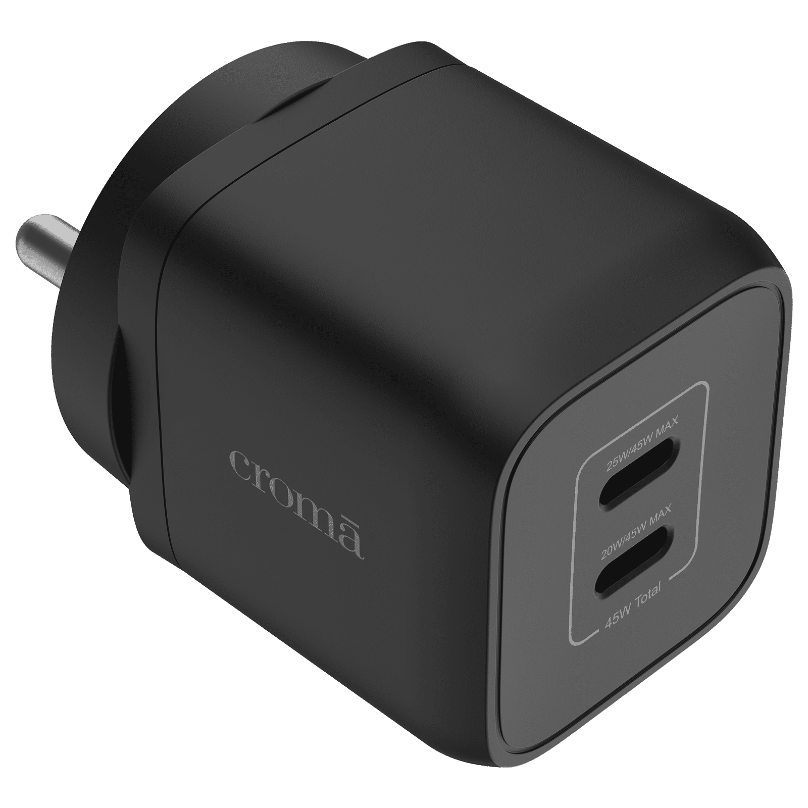 Croma 45W Type C 2 Port GaN Charger (Adapter Only, Black)