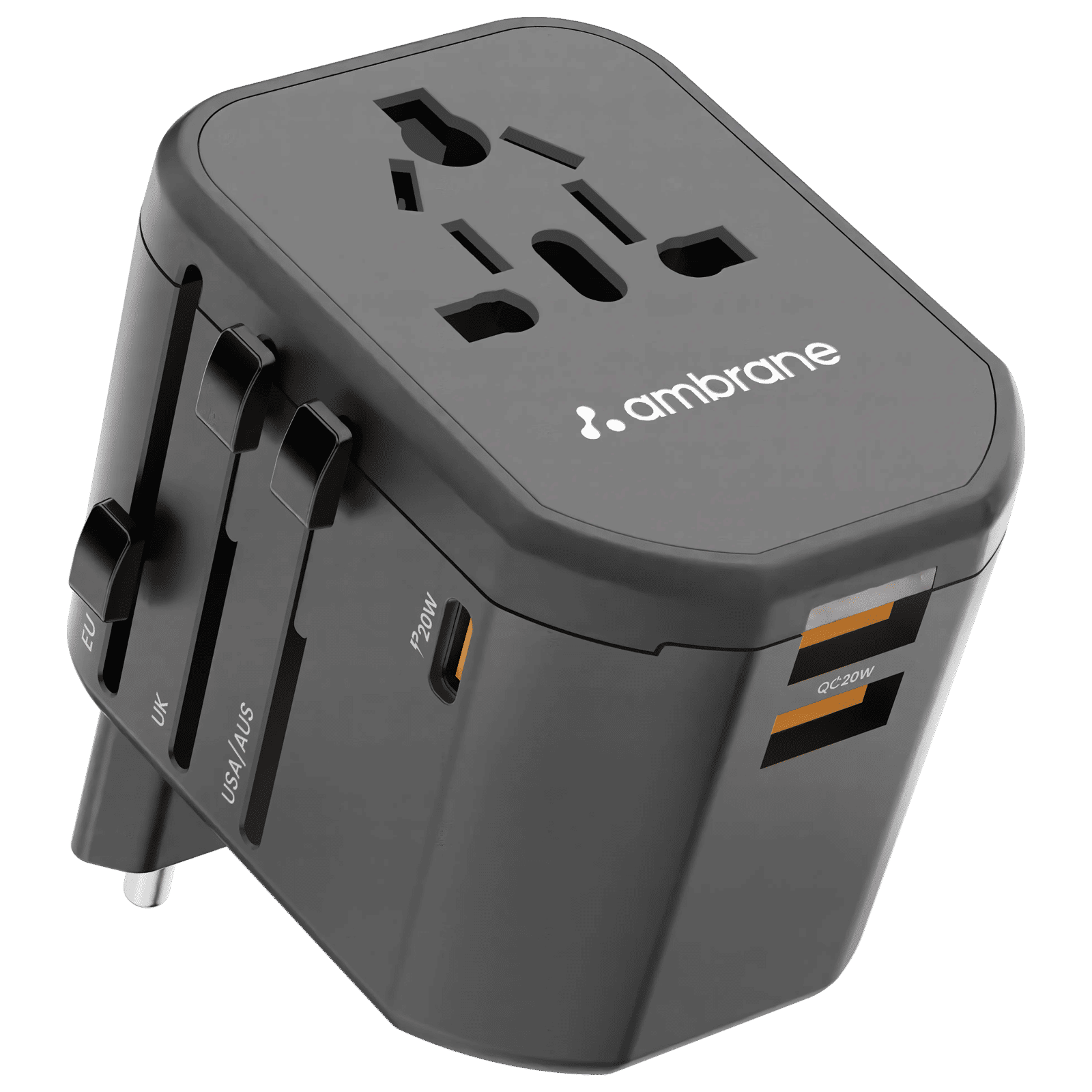 ambrane ATA-01 3 Plugs Travel Adapter (Universal Compatibility, Black)