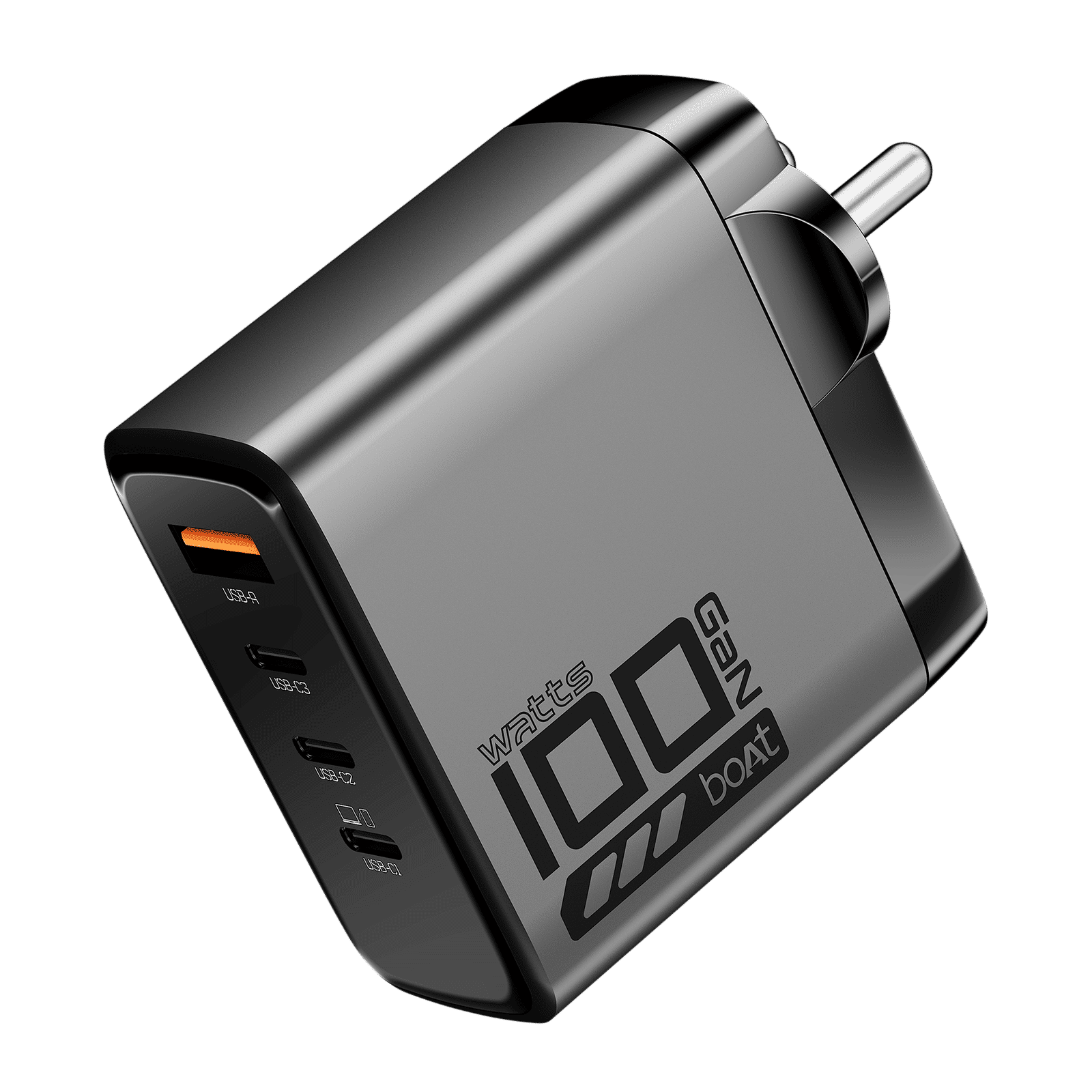 boAt 100W USB A & Type C 4-Port Fast Charger (Adapter Only, 12-Layer Smart IC Protection, Ash Grey)