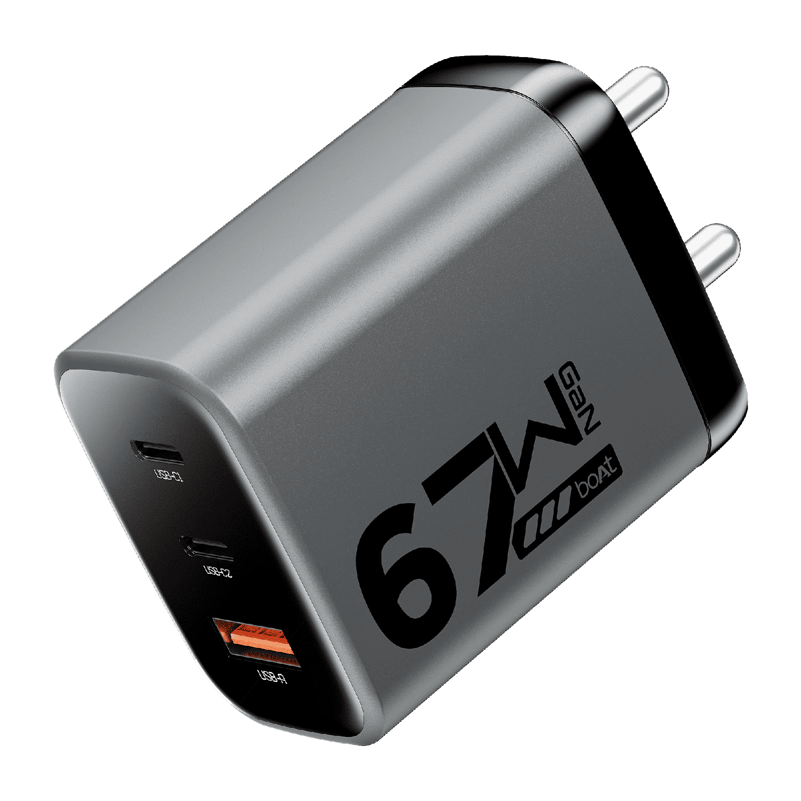 boAt 67W Type A & Type C 3-Port Fast Charger (Adapter Only, 12-Layer Smart IC Protection, Ash Grey)