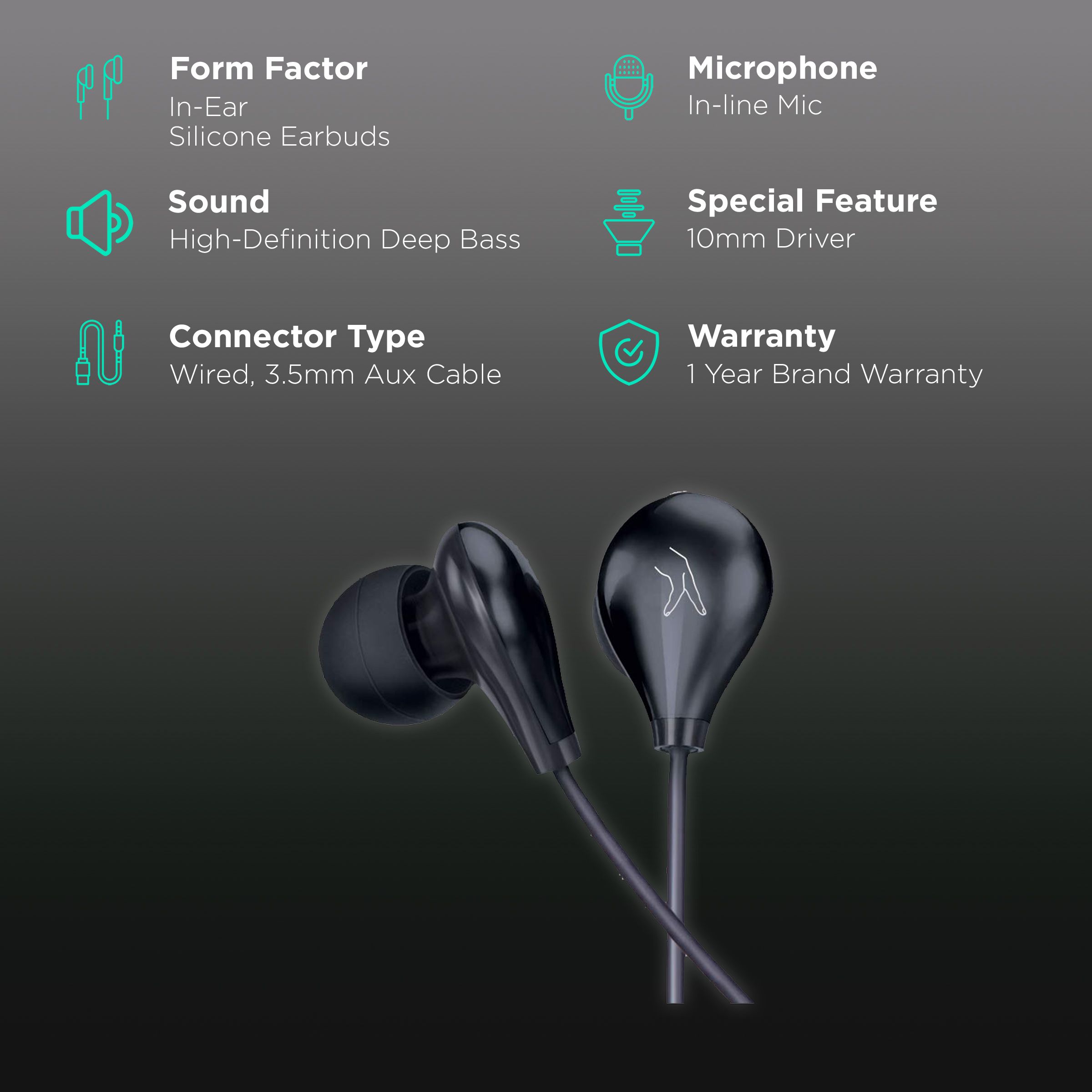 fingers Droplets Wired Earphone with Mic (In Ear, Piano Black)