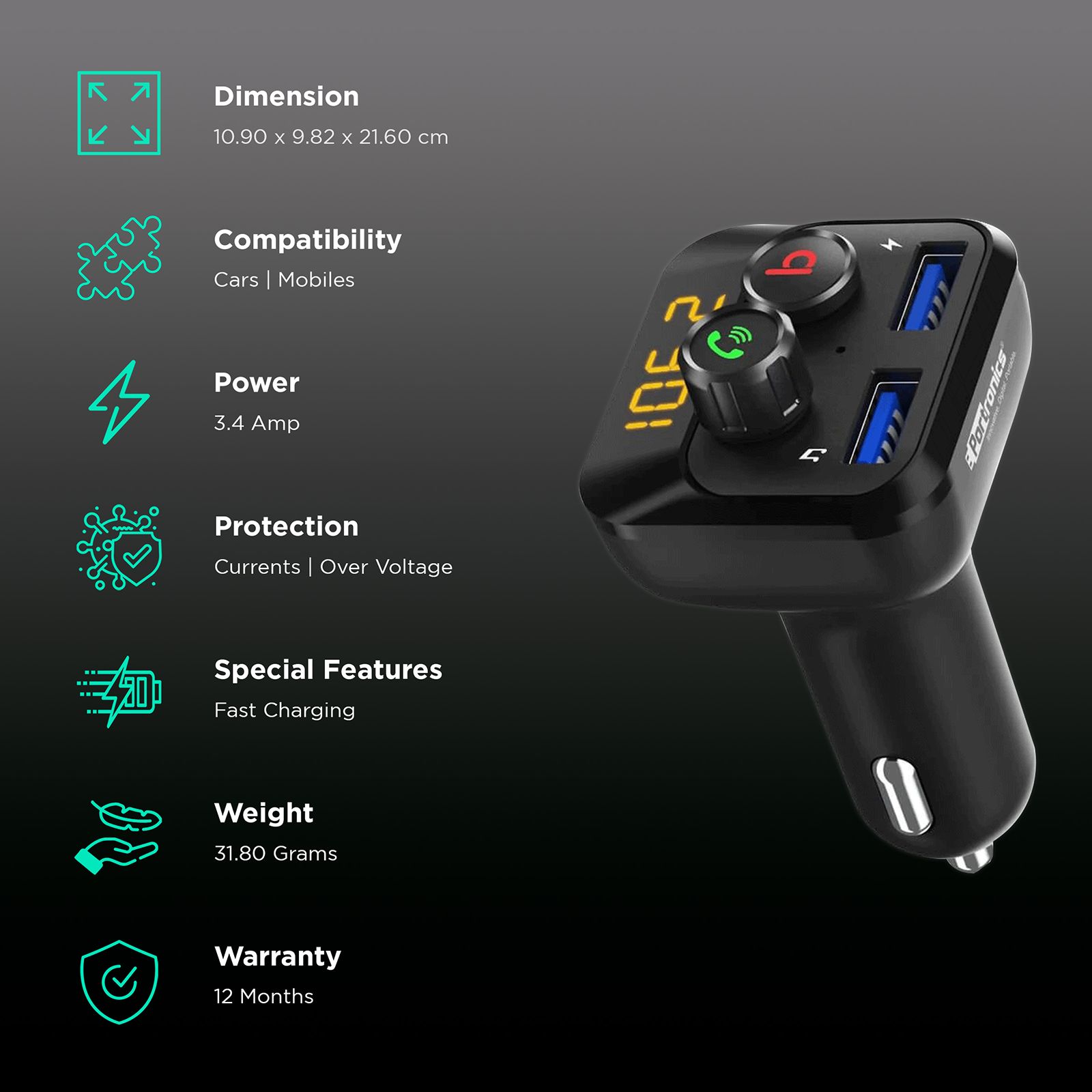 Buy Portronics Auto 10 A 2-Port USB and Bluetooth Car Charging