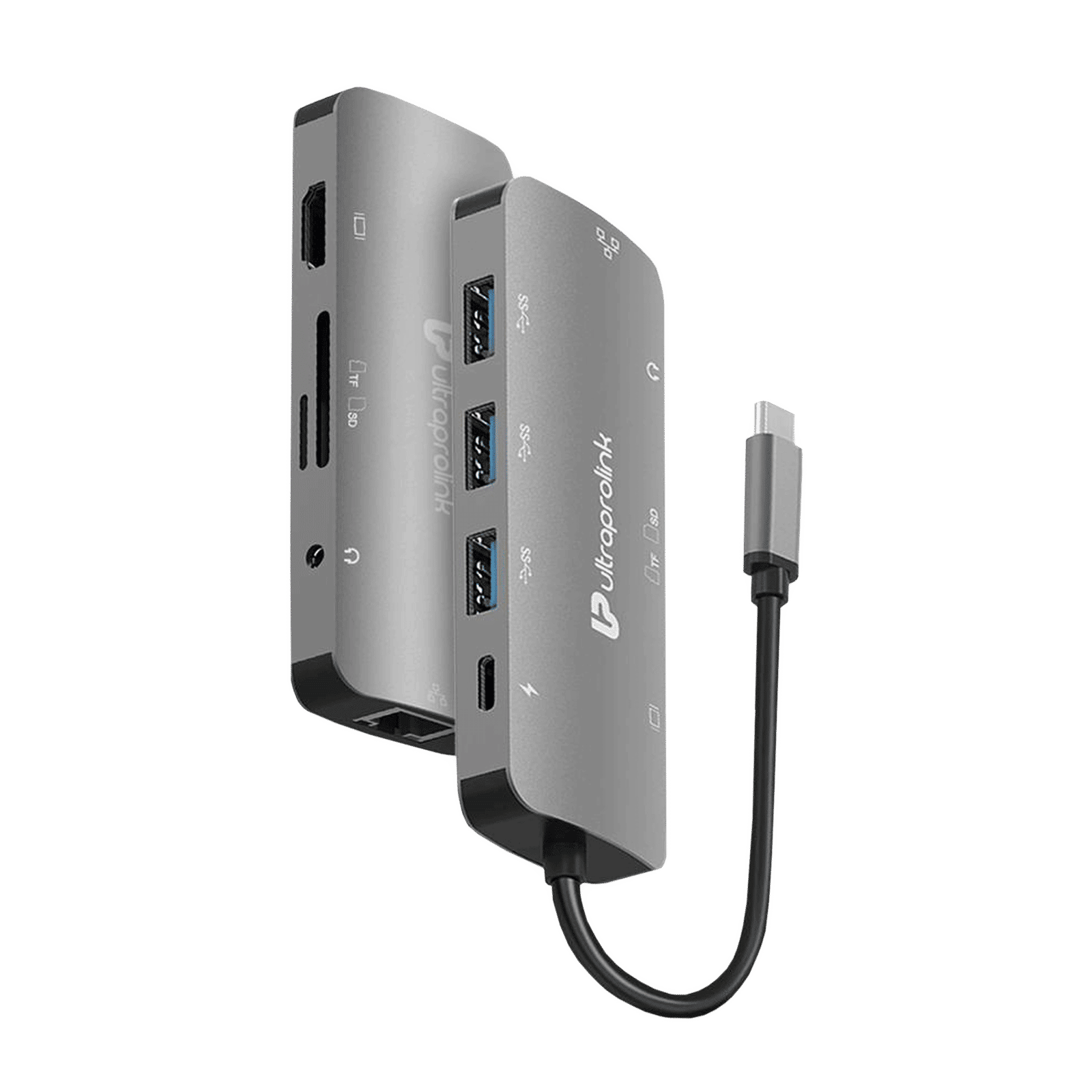 UltraProlink Slimport 4C 9-in-1 USB 3.1 Type C to HDMI Type A, USB 3.0 Type A, USB Type C, SD Card Slot, TF Card Reader, RJ45, 3.5mm Stereo USB Hub (Faster Data Transfer, Grey)