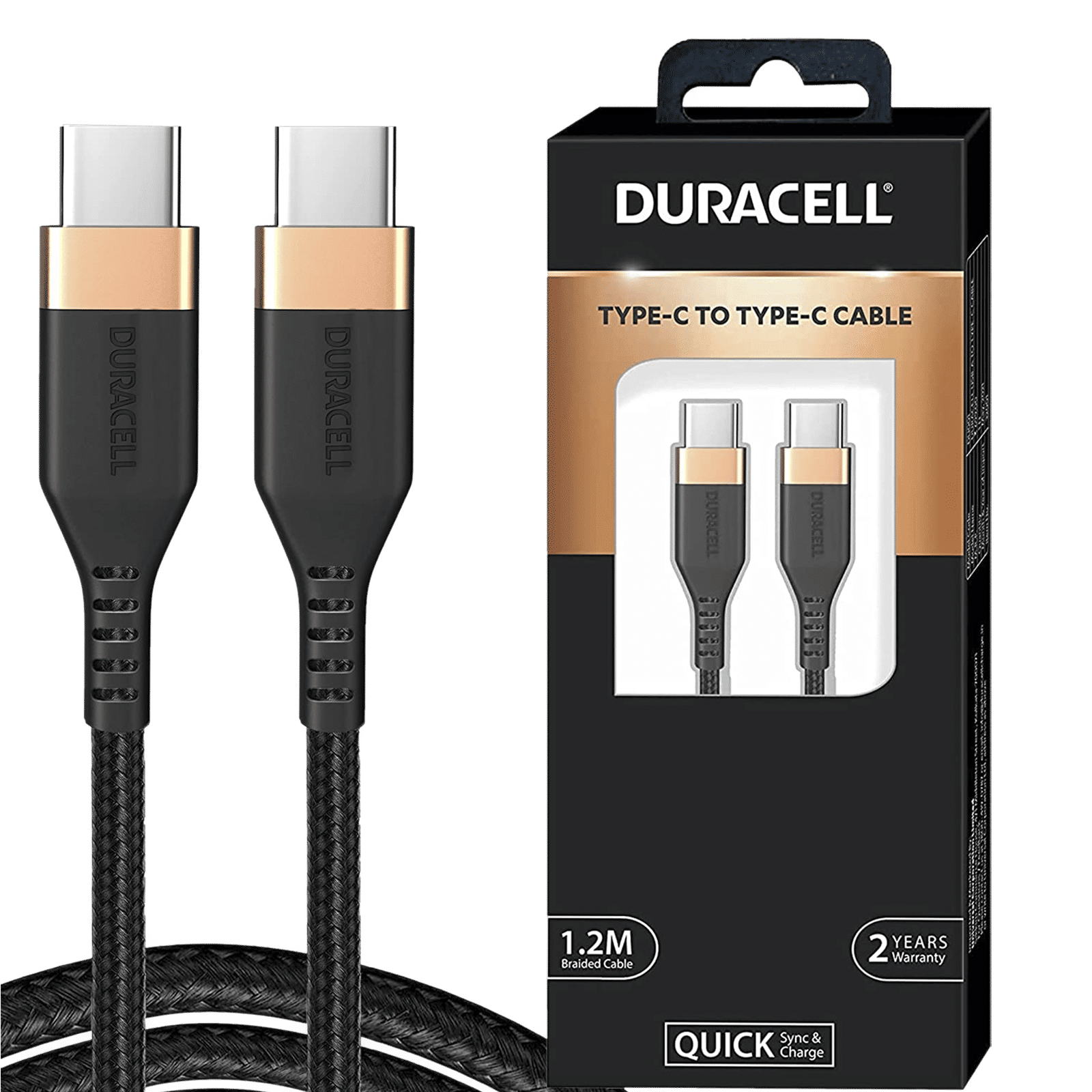 DURACELL Type C to Type C 3.93 Feet (1.2M) Cable (Sync & Charge, Black)