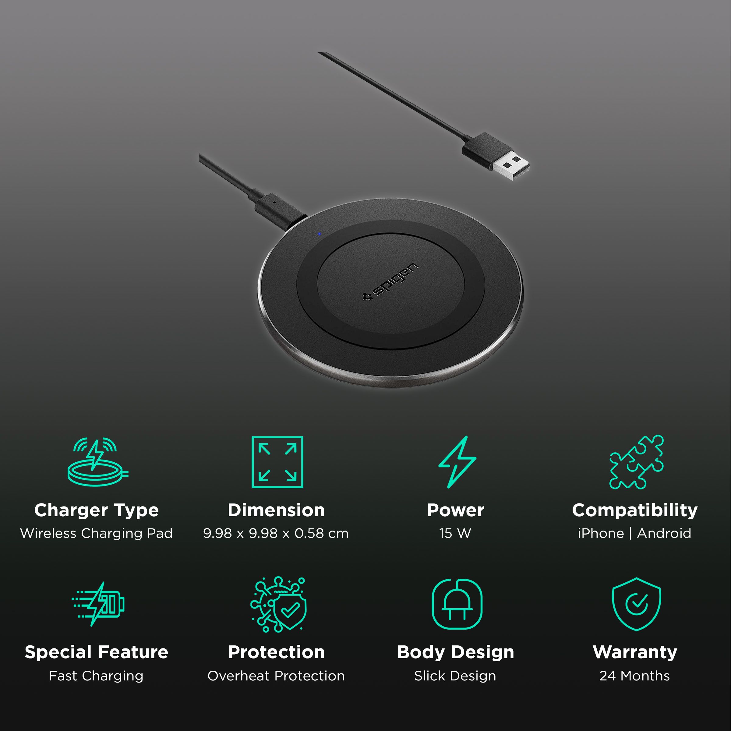 spigen Essential 15W Wireless Charger for iPhone 14, 13, 12, 11,  Series/SAMSUNG Galaxy S23, S22, S21, S20/OnePlus 9, Pro (Air Boost  Technology,