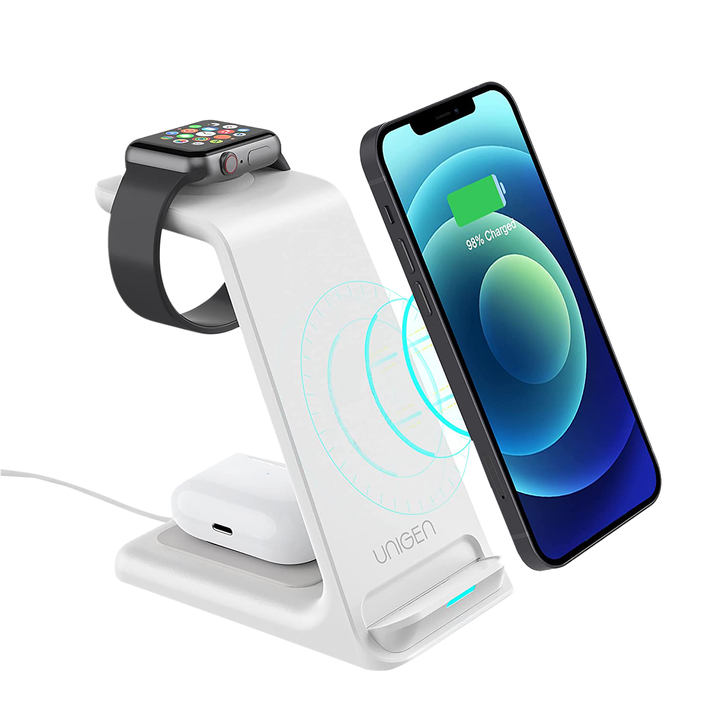 Unigen Unidock 250 15W 3-in-1 Wireless Charging Stand for iPhone 14, 13, 12, 12 Pro, 12 Pro Max, 12 Mini, 11, 11 Pro, 11 Pro Max, Xs, Xs Max, XR, X, 8, 8 Plus, iWatch SE, 6, 5, 4, 3, 2 & AirPods (Multiple Safety Protection, White)