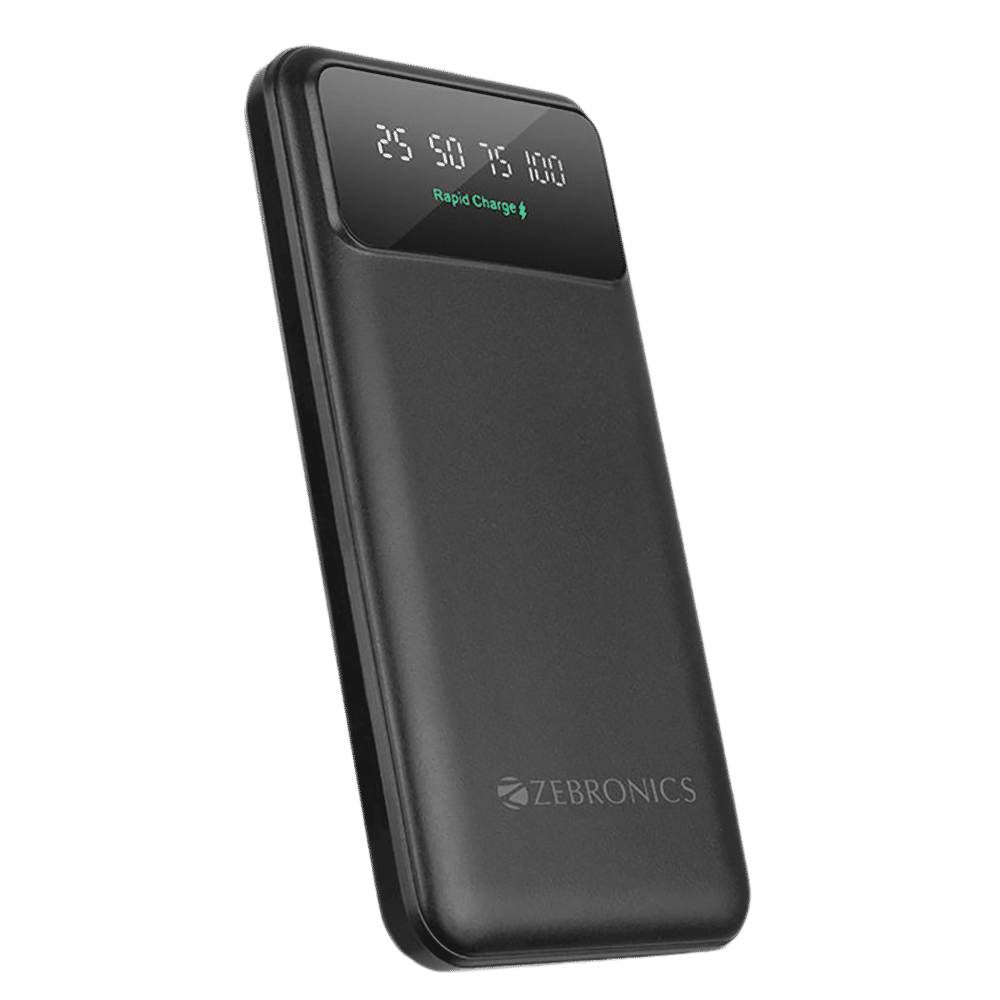 ZEBRONICS 10000 mAh 22.5W Fast Charging Power Bank (2 Type A, 1 Type C & 1 Micro USB Port, LED Percentage Display, Black)