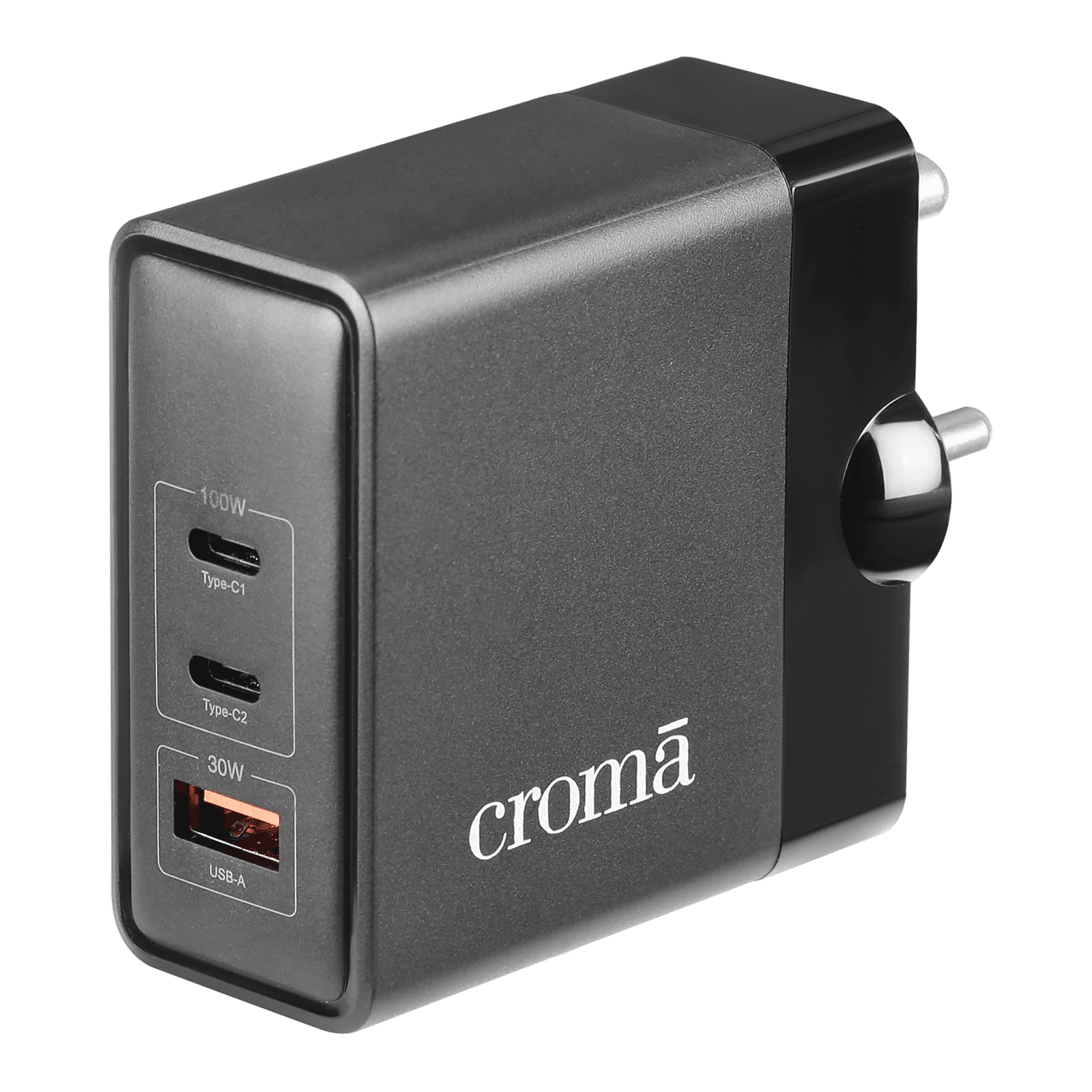 Croma 100W Type A & Type C 3-Port Fast Charger (Adapter Only, Advanced GaN Technology, Black)