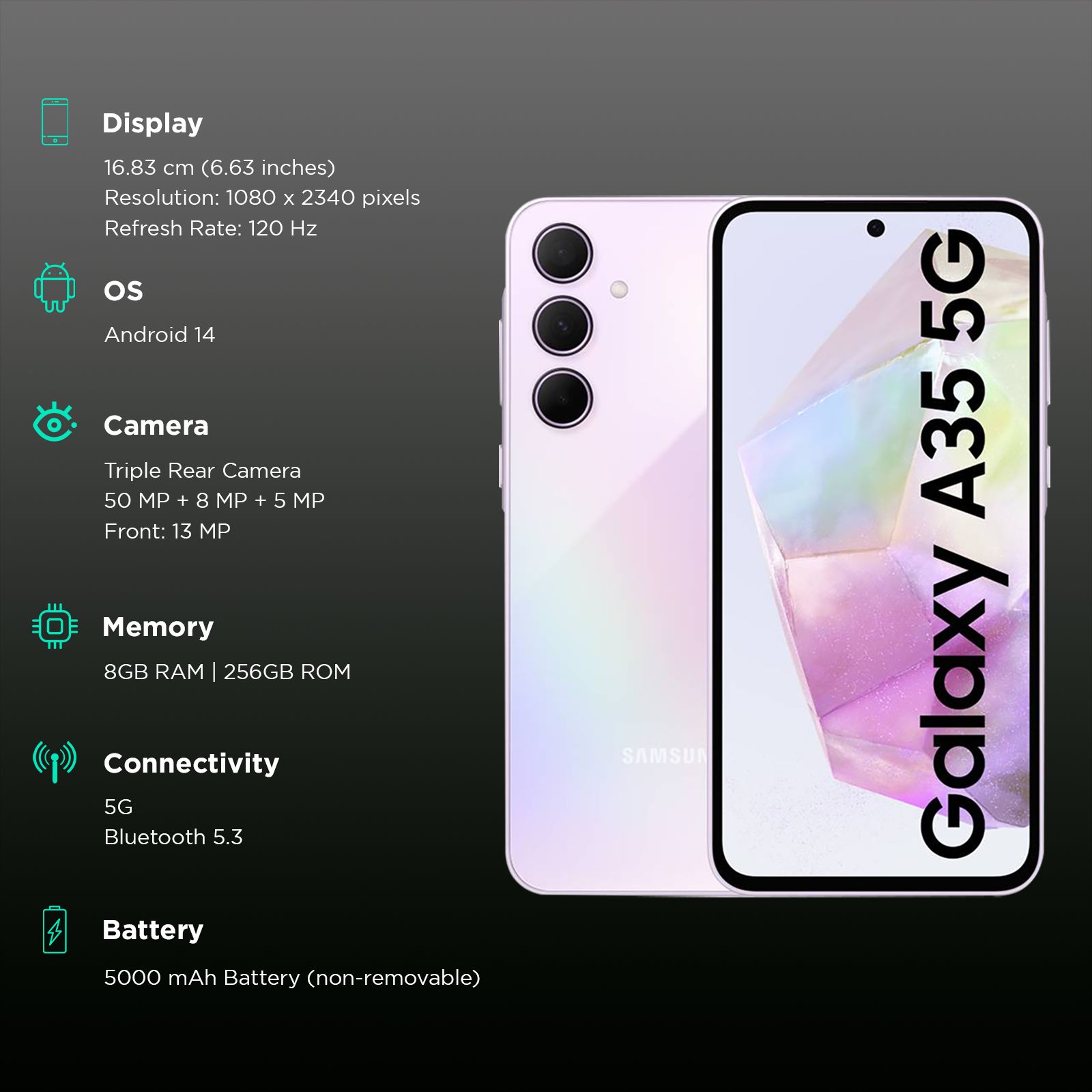 Buy SAMSUNG Galaxy A35 5G (8GB RAM, 256GB, Awesome Lilac) Online Croma