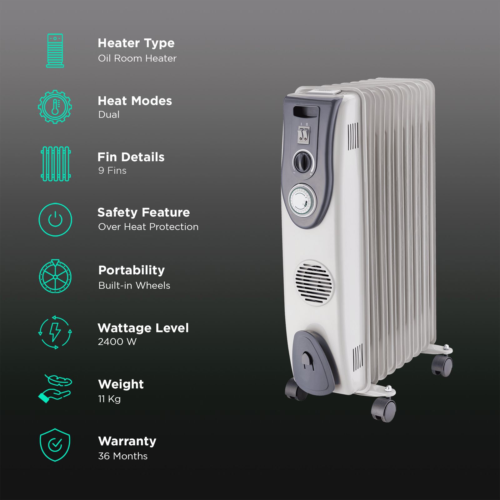 Electric Oil Radiator Type Room Heater Russell Hobbs ROR09XLTF