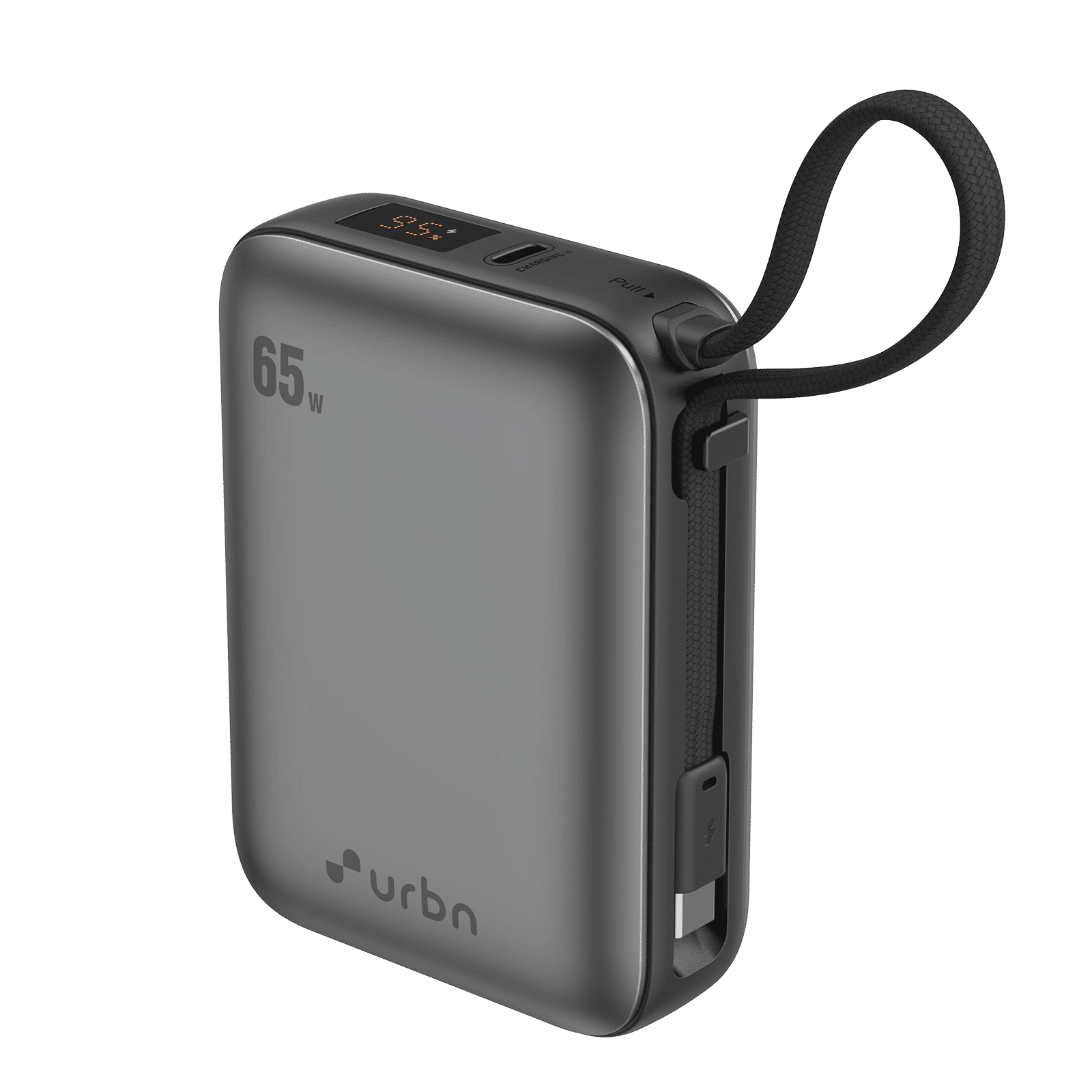 Urbn Zap 20000 mAh 65W Fast Charging Power Bank (1 Type C Port, 1 Built-in Cable Type C, Digital Display, Grey)