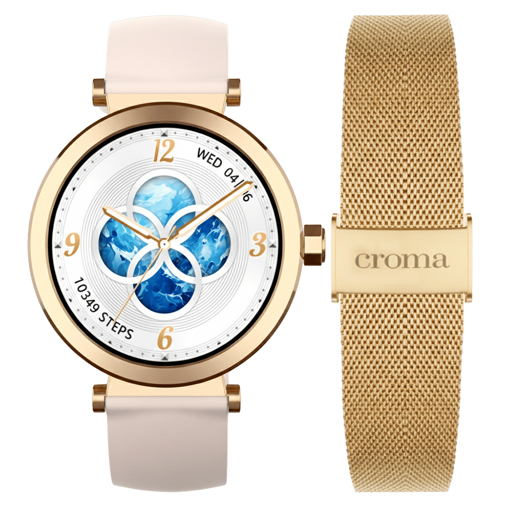 Croma VELCOITY GF Smartwatch with Bluetooth Calling (2025 Model, 1.32inches AMOLED Display, IP68 Waterproof, Rose Gold Strap)