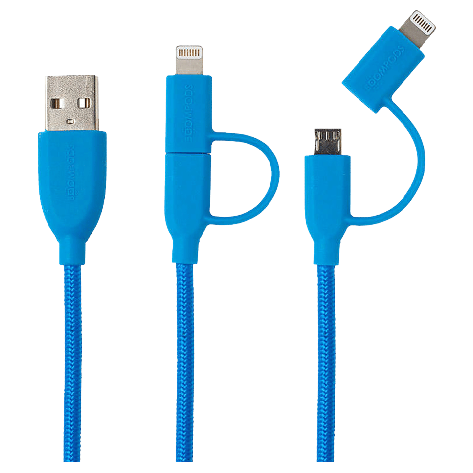 Boompods Duo Type A to Lightning, Micro USB 3.3 Feet (1M) 2-in-1 Cable (Tangle-free Design, Blue)-image-4