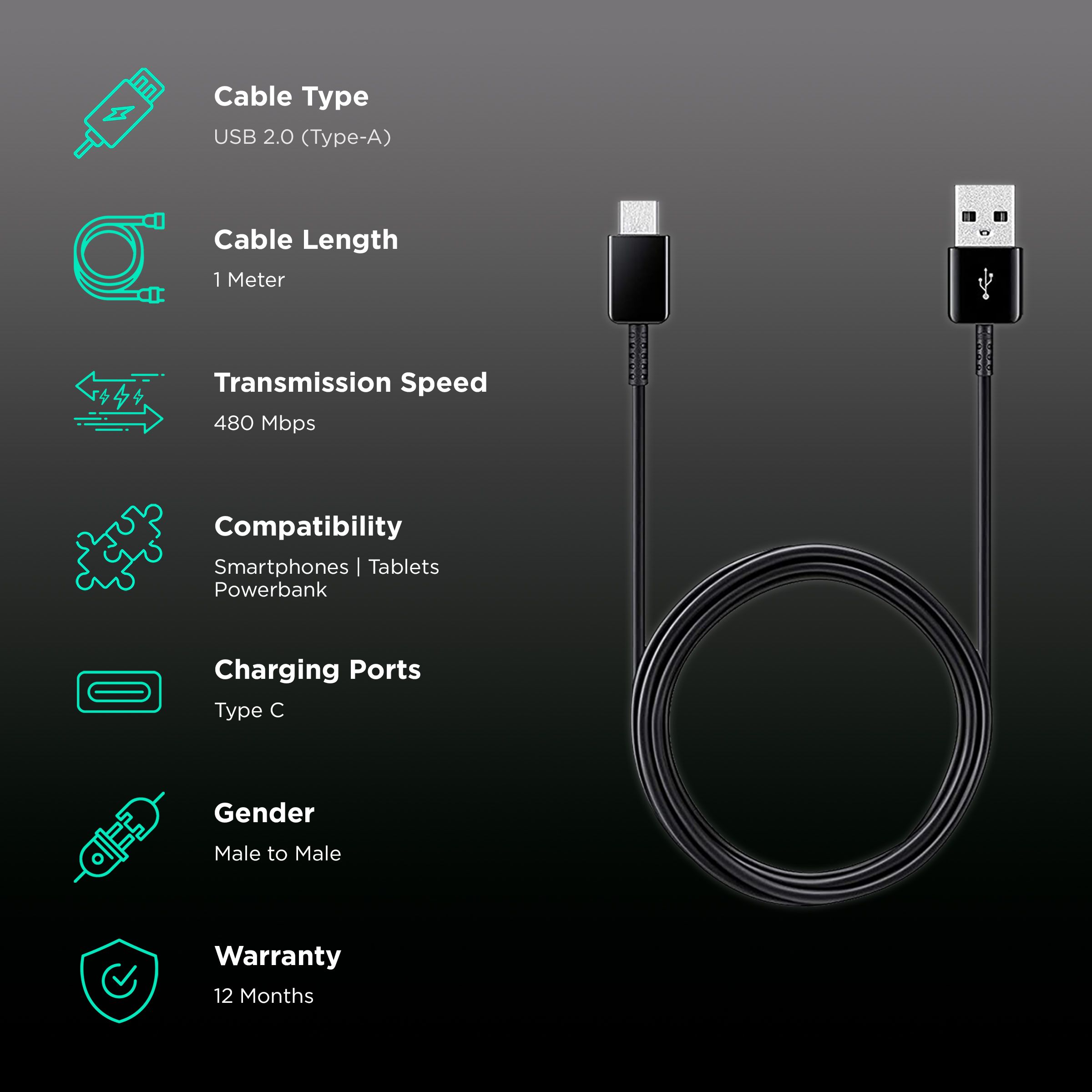 SAMSUNG Type A to Type C 5 Feet (1.5M) Cable (Multiple Device Compatibility, Black)
