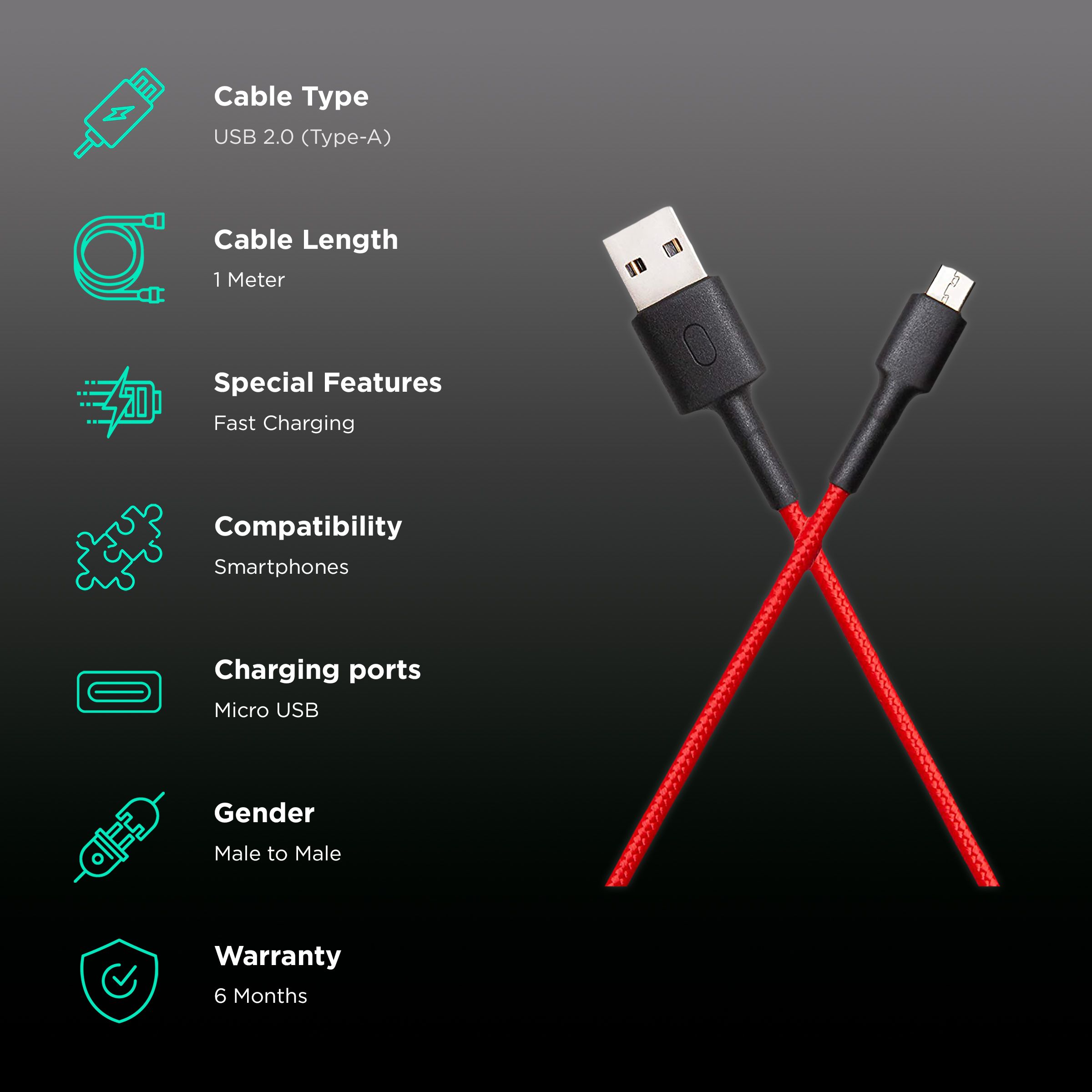 Câble Micro USB Aluminium Tressé Nylon 1m Rouge - Charge Rapide, Universel