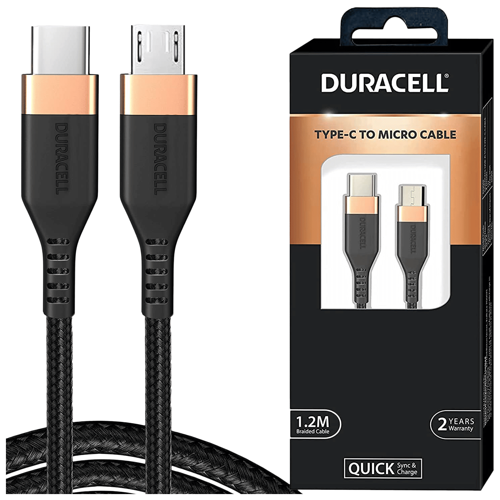DURACELL Type C to Type B 3.96 Feet (1.2 M) Cable (Tangle-free Design, Black)