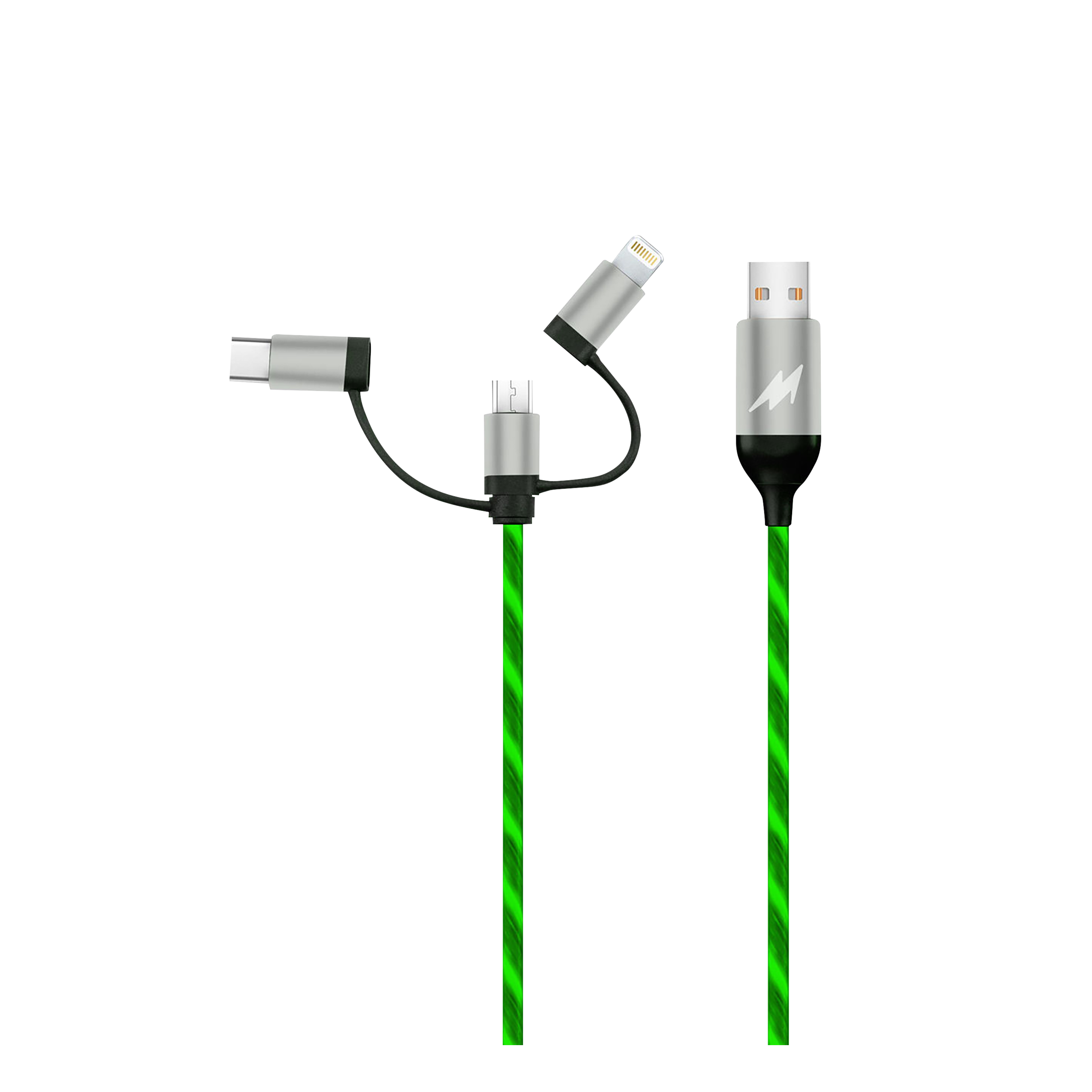 Macmerise Illume Type A to Type C, Micro USB, Lightning 3.3 Feet (1M) 3-in-1 Cable (LED Light Flow, Green)