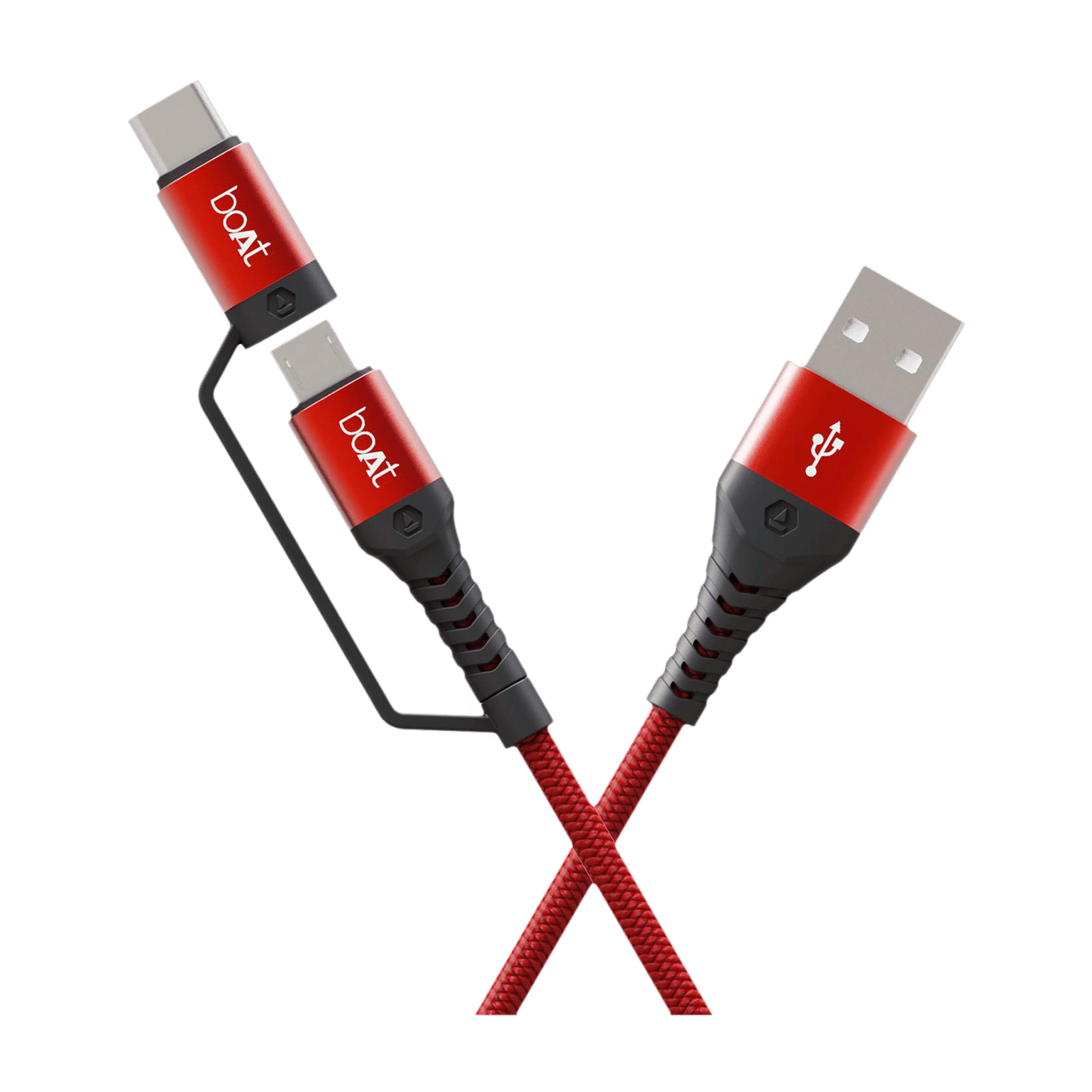 boAt Deuce 300 Type A to Type C, Micro USB 4.9 Feet (1.5M) 2-in-1 Cable (Tangle-free Design, Martian Red)