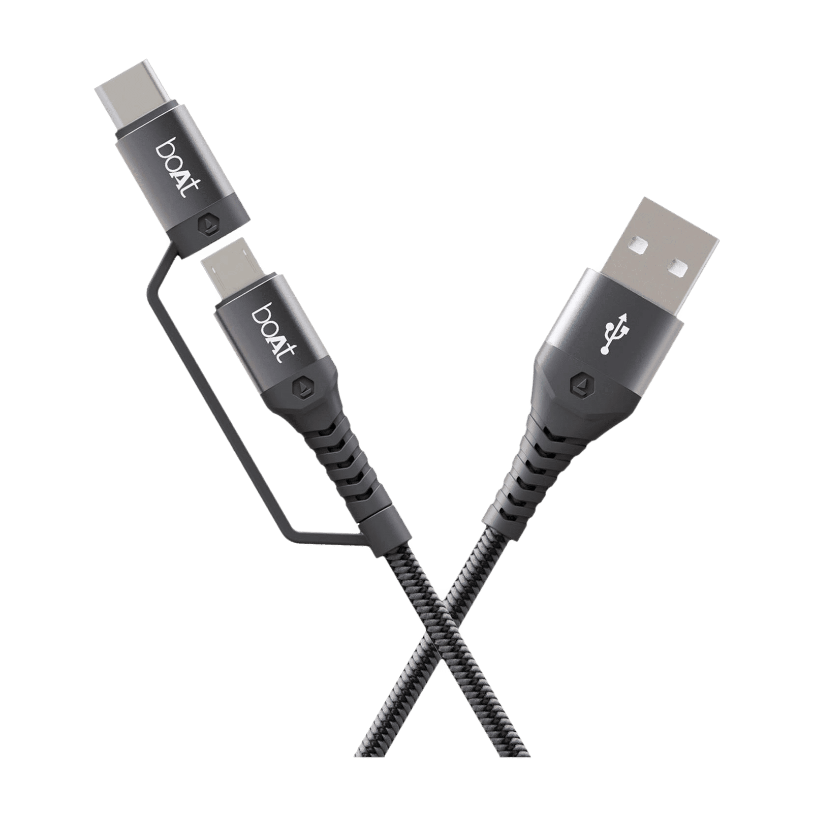 boAt Deuce 300 Type A to Type C, Micro USB 4.9 Feet (1.5M) 2-in-1 Cable (Tangle-free Design, Mercurial Black)