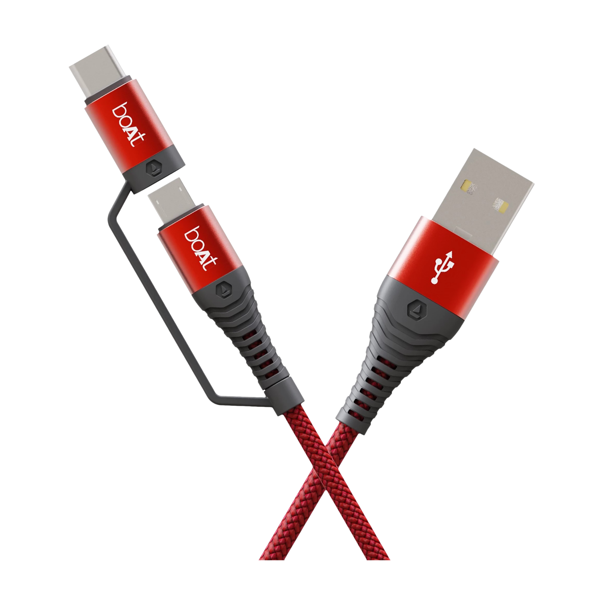 boAt Deuce 330 Type A to Type C, Micro USB 4.9 Feet (1.5M) 2-in-1 Cable (Tangle-free Design, Martian Red)