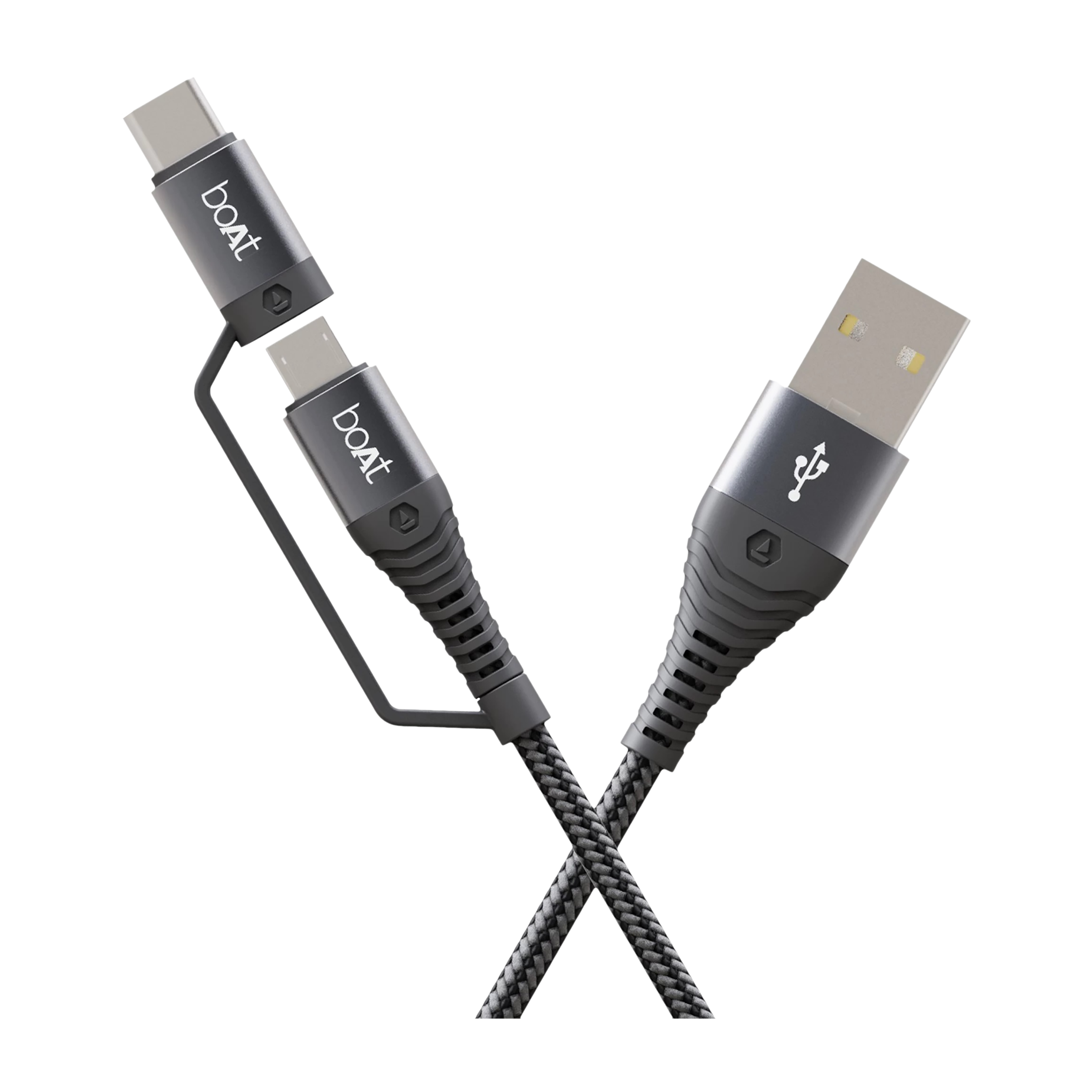 boAt Deuce 330 Type A to Type C, Micro USB 4.9 Feet (1.5M) 2-in-1 Cable (Tangle-free Design, Mercurial Black)